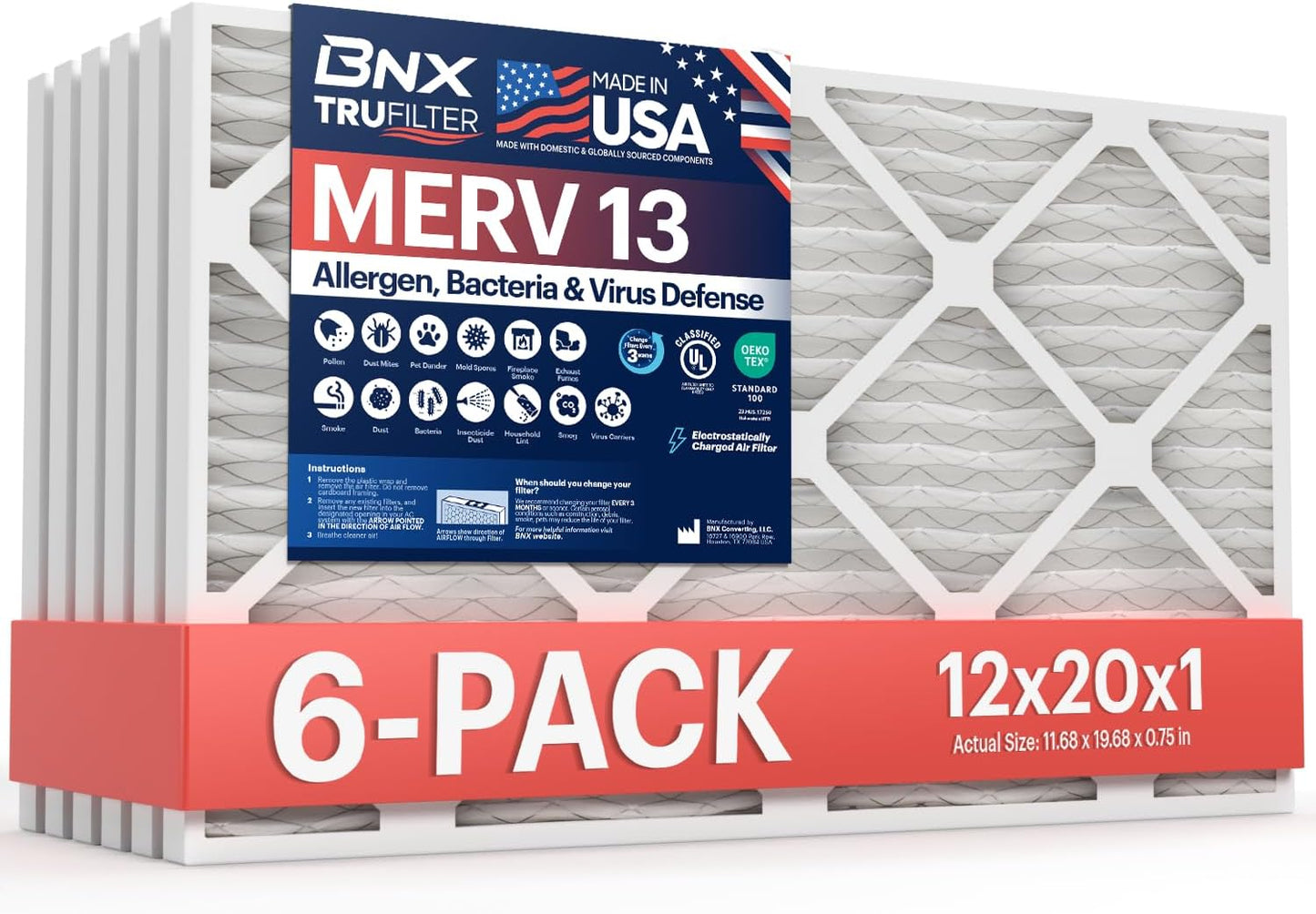 BNX TruFilter 12x20x1 Air Filter MERV 13 (6-Pack) - MADE IN USA - Electrostatic Pleated Air Conditioner HVAC AC Furnace Filters for Allergies, Pollen, Mold, Bacteria, Smoke, Allergen, MPR 1900 FPR 10