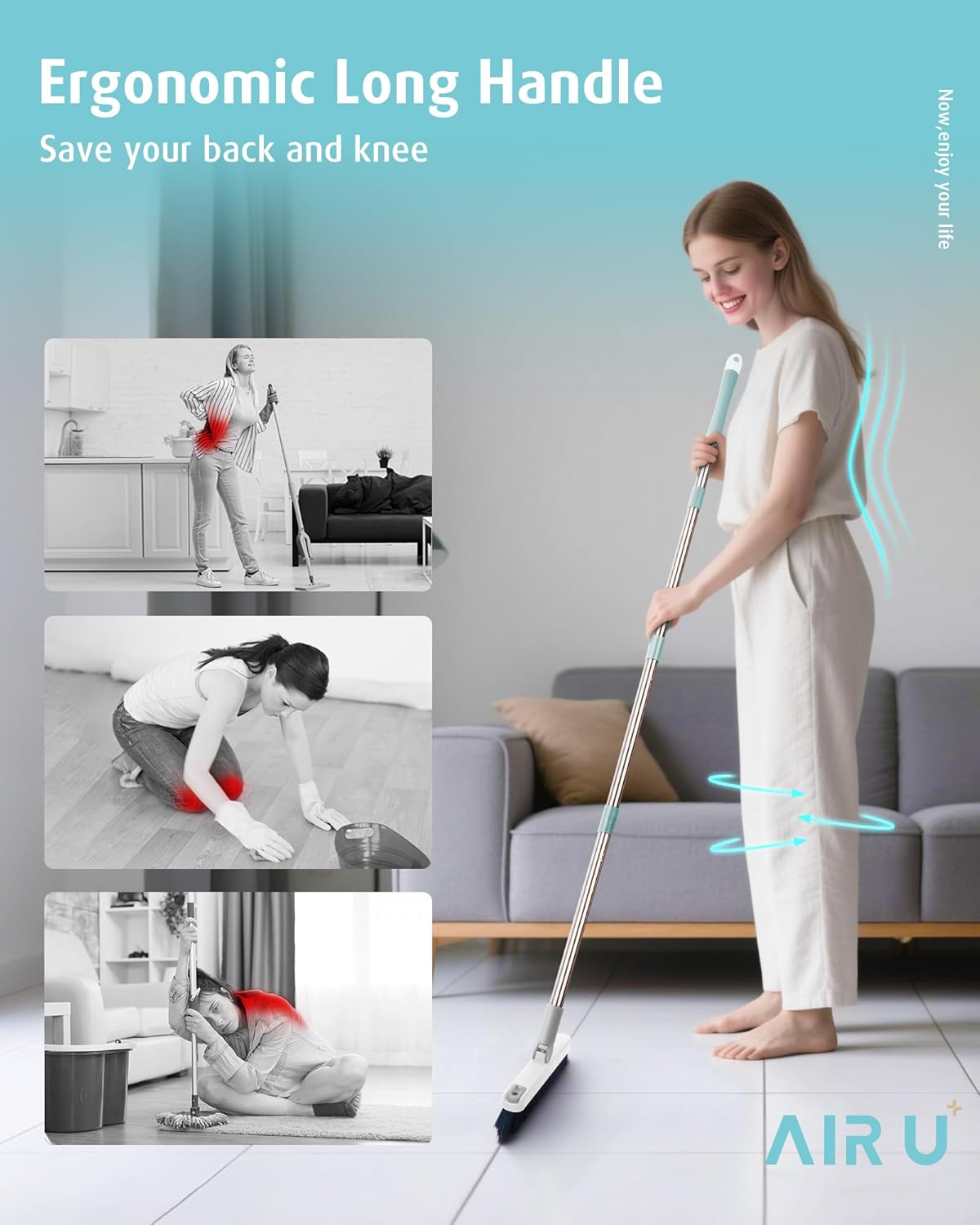 AIR U+ Grout Brush with Long Handle 180° Swivel Scrub Brush with Tweezers to Hair Clip V-Shape Grout Line Scrubber Stiff Bristles for Deep Cleaning Crevice, Tile Line, Shower, Kitchen, Corners(White)