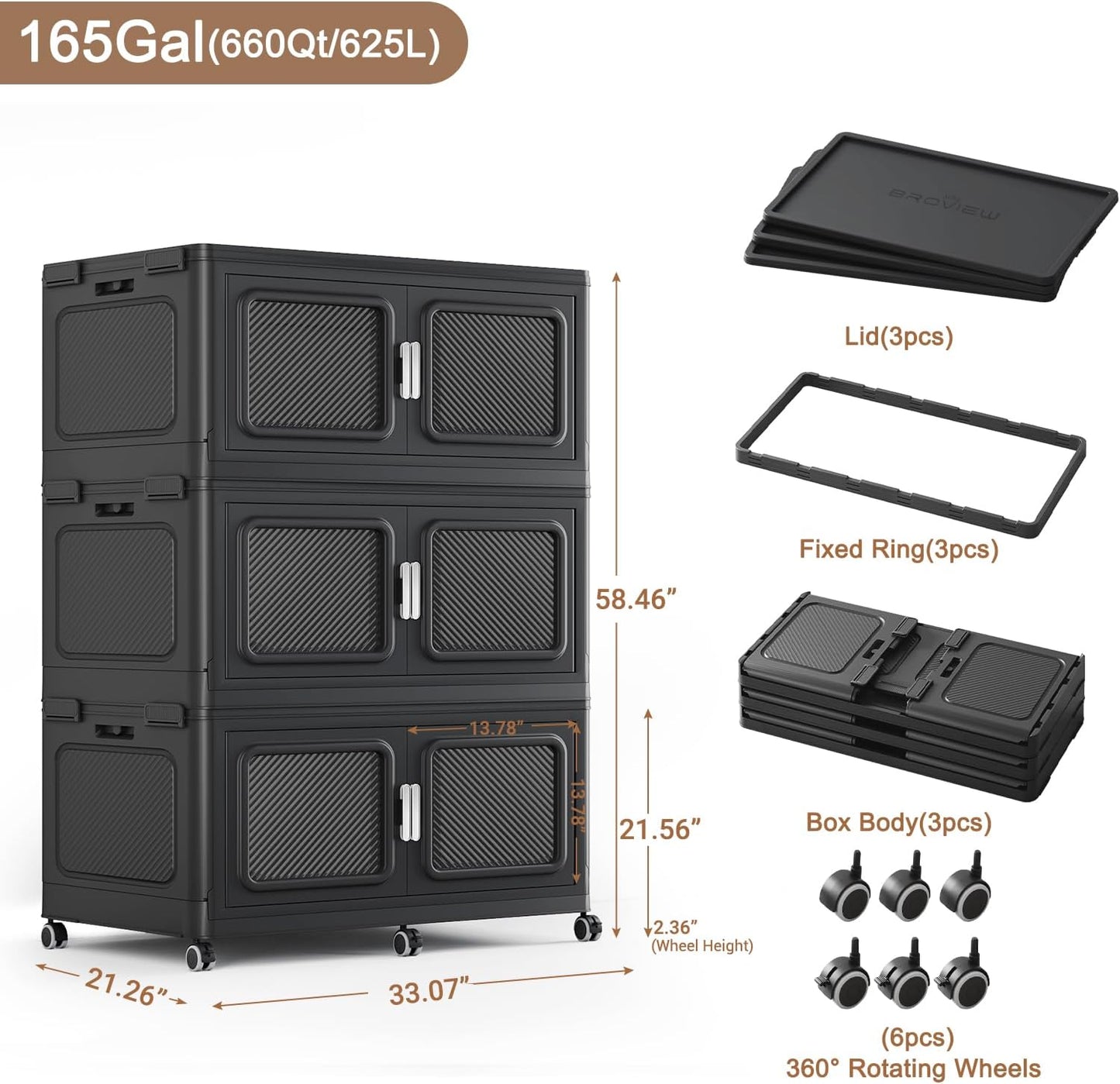 BROVIEW 660 Qt Stackable Storage Bin with Lids, 165Gal Extra Large Collapsible Storage Boxes, Folding Plastic Drawer, Heavy-Duty Store Cabinet, Closet Organizer for Home Kitchen, 3 Pack Black