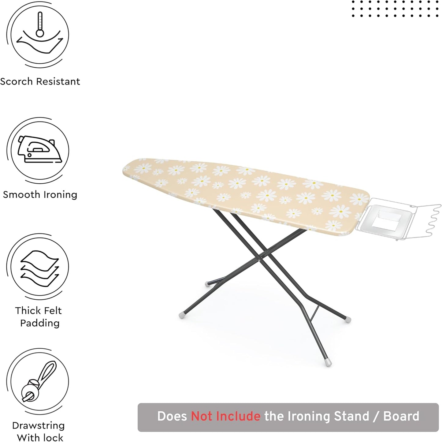 Encasa XO Ironing Board Cover and Pad 42"x14" - Thick 3mm Felt Padding, Drawstring Tightening & Lock, Easy Fit, Scorch & Stain Resistant, Fits Medium Ironing Board - Daisy Beige