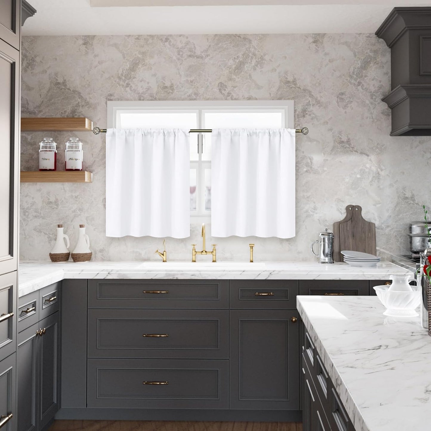 BGment White Short Curtains 30 Inches Length for Small Window - Rod Pocket Privacy Drapes for Kitchen Over Sink Bathroom Basement Cafe, 2 Panels, 42 x 30 Inch