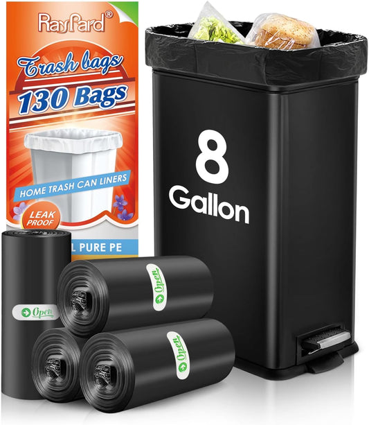 8 Gallon 130 Counts Strong Trash Bags Garbage Bags by RayPard, fit 30 Liter Kitchen Waste Basket, Medium Trash Bags Can Liners for Home Office Kitchen Bathroom Bedroom, Black