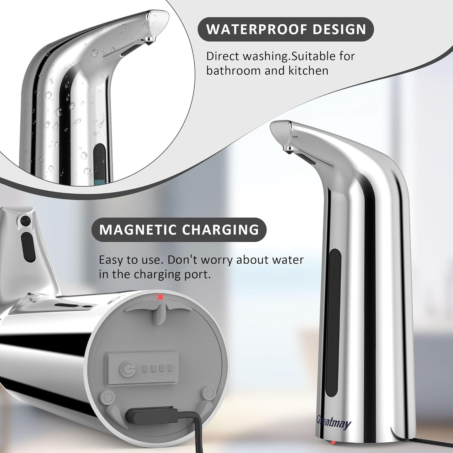Convenient Automatic Soap Dispenser,4 Adjustable Levels Touchless Hand Sanitizer Pump with Infrared Sensor, 400 ml Countertop Electric Soap Dispenser for Bathroom,Kitchen (Silver+Silver)