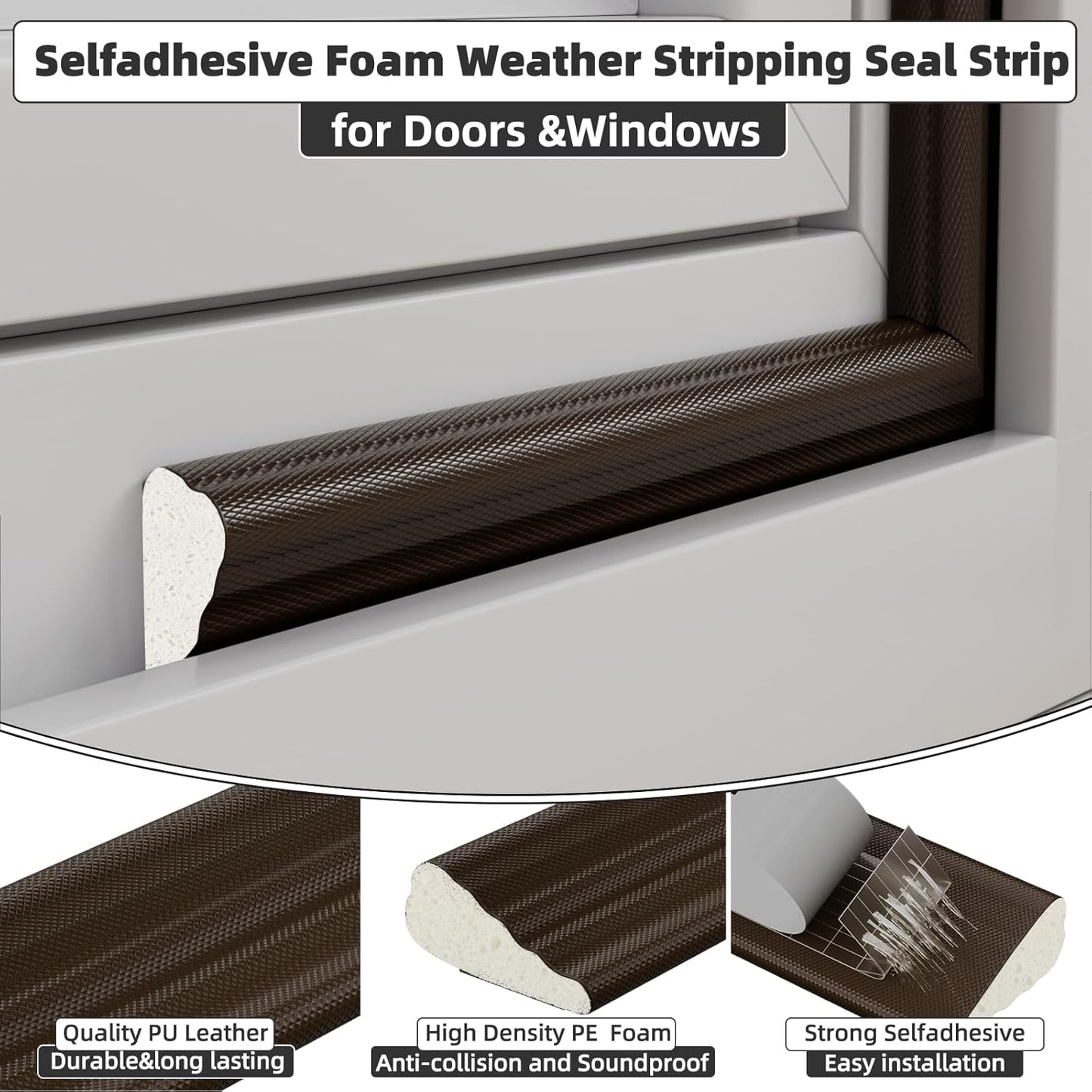 2 Pack*16.4 Ft Weather Stripping Seal Strip for Doors,Soundproofing Window Insulation Draft Stopper for Winter, Selfadhesive Foam Weather Strip for Door Frame,Door Gap Filler Noise Blocker(Brown)