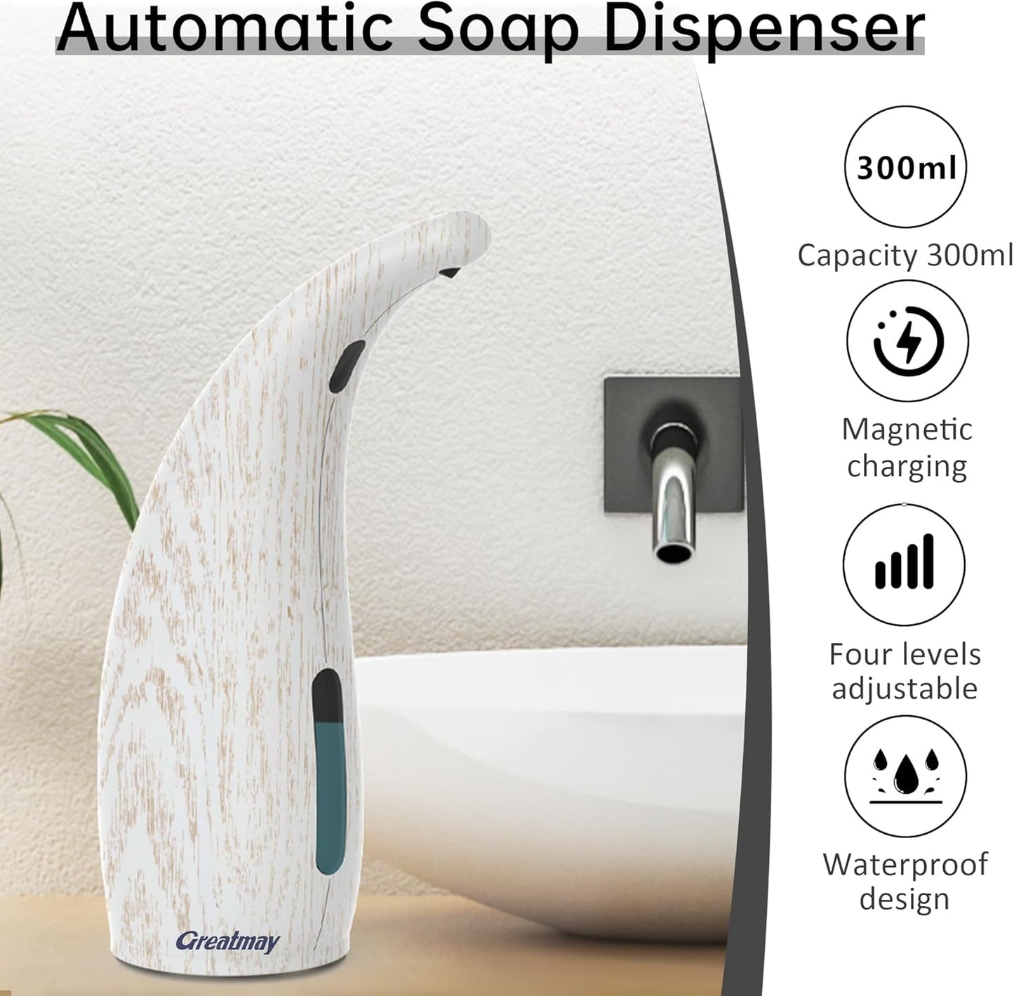 Adjustable Automatic Soap Dispenser Touchless, 4 Adjustable Levels Touchless Sensor Liquid Soap Pump Dispenser，300ml Rechargeable Magnetic Charging Hand Soap Dispenser for Kitchen，Bathroom
