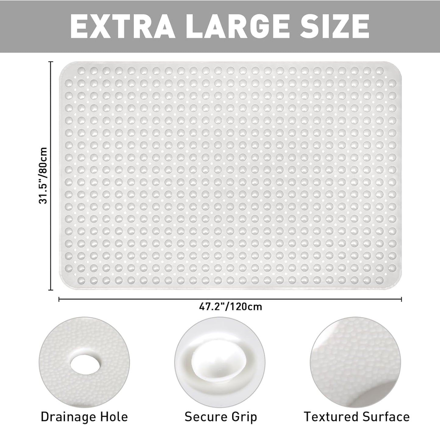 Shower Mat Non Slip: 47.2 x 31.5 Inch Extra Large TPE Shower Mats for Inside Shower - Anti Slip Shower Stall Matt with Drain Hole and Suction Cups for Elderly