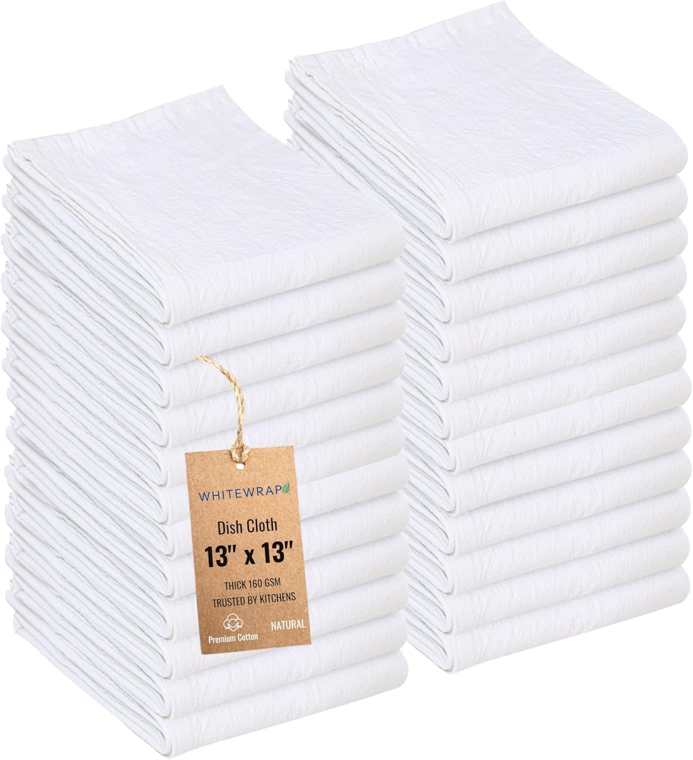 WHITEWRAP Dish Cloths Cotton| Kitchen Wash Cloth| Shop Towels Absorbent and Lint Free Flour Sack| Dishcloths for Kitchen Washing Dishes|Thick Absorbent Quick Dry Dish Rags | 24 Pack 13"x13" Natural