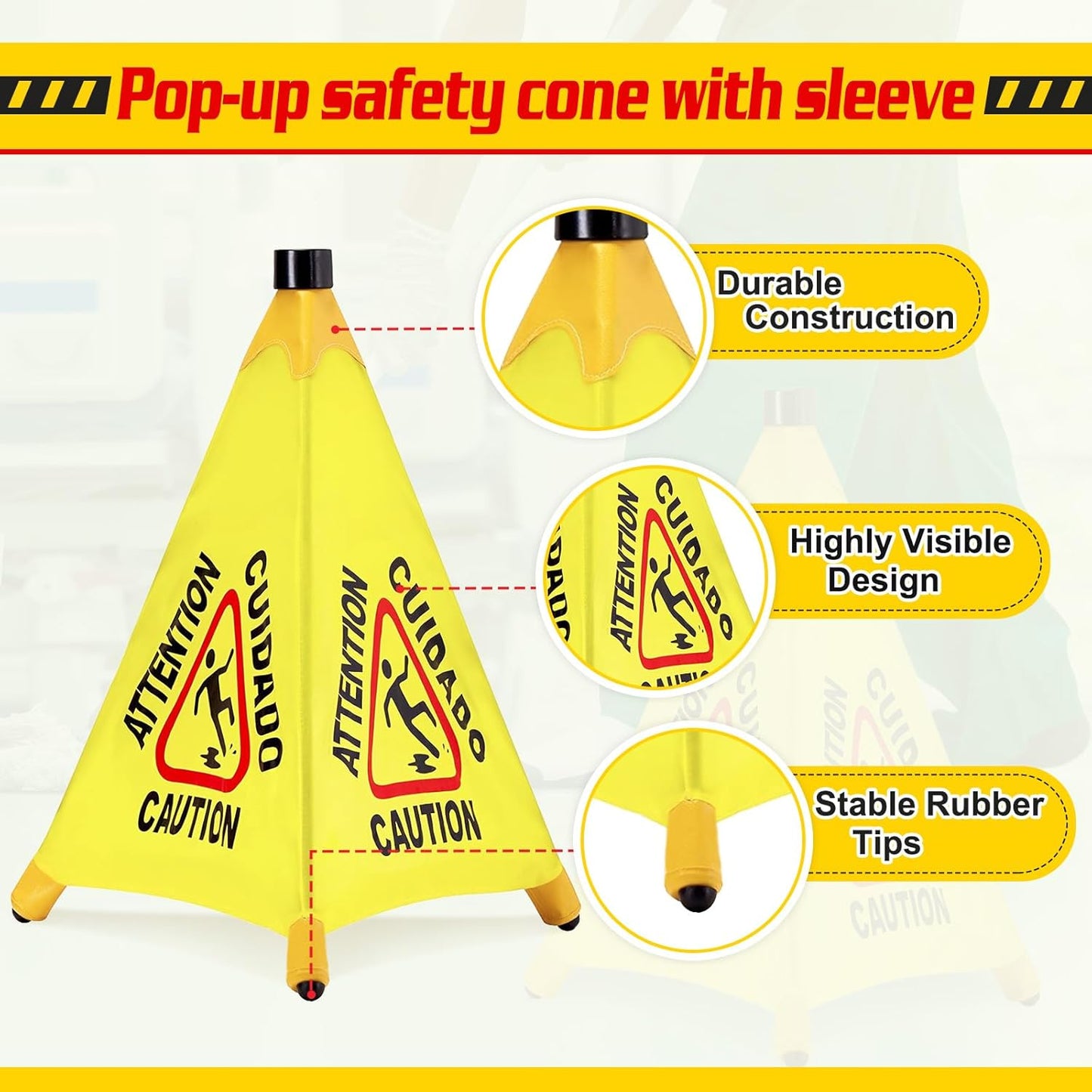 8 Pcs Pop up Wet Floor Sign with Storage Tube 20 Inch Wet Safety Signs Commercial Caution Safety Cone Pop up Caution Sign for Commercial Stores Grocery Restaurant Restroom Office Use