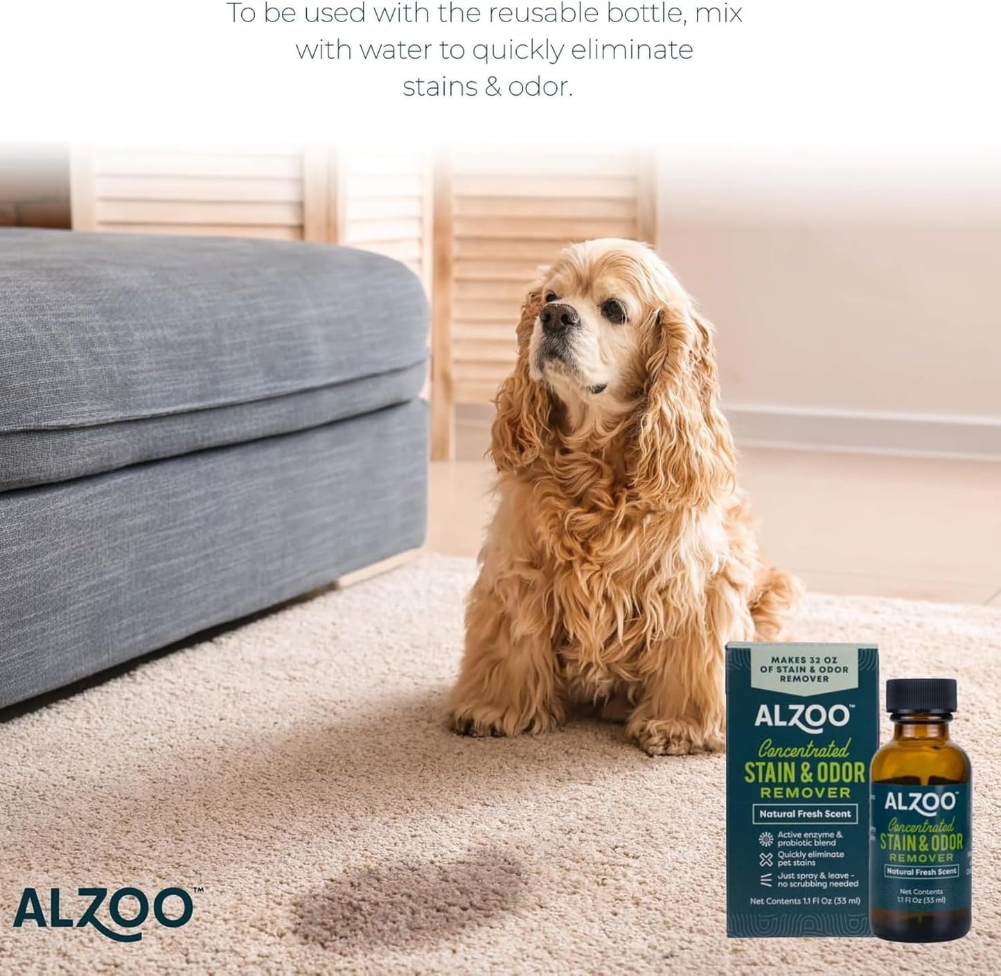 ALZOO Concentrated Stain & Odor Remover Refill Bottle, 100% Plant-Based Active Ingredients, 1.1 Fl. Oz, Pack of 3