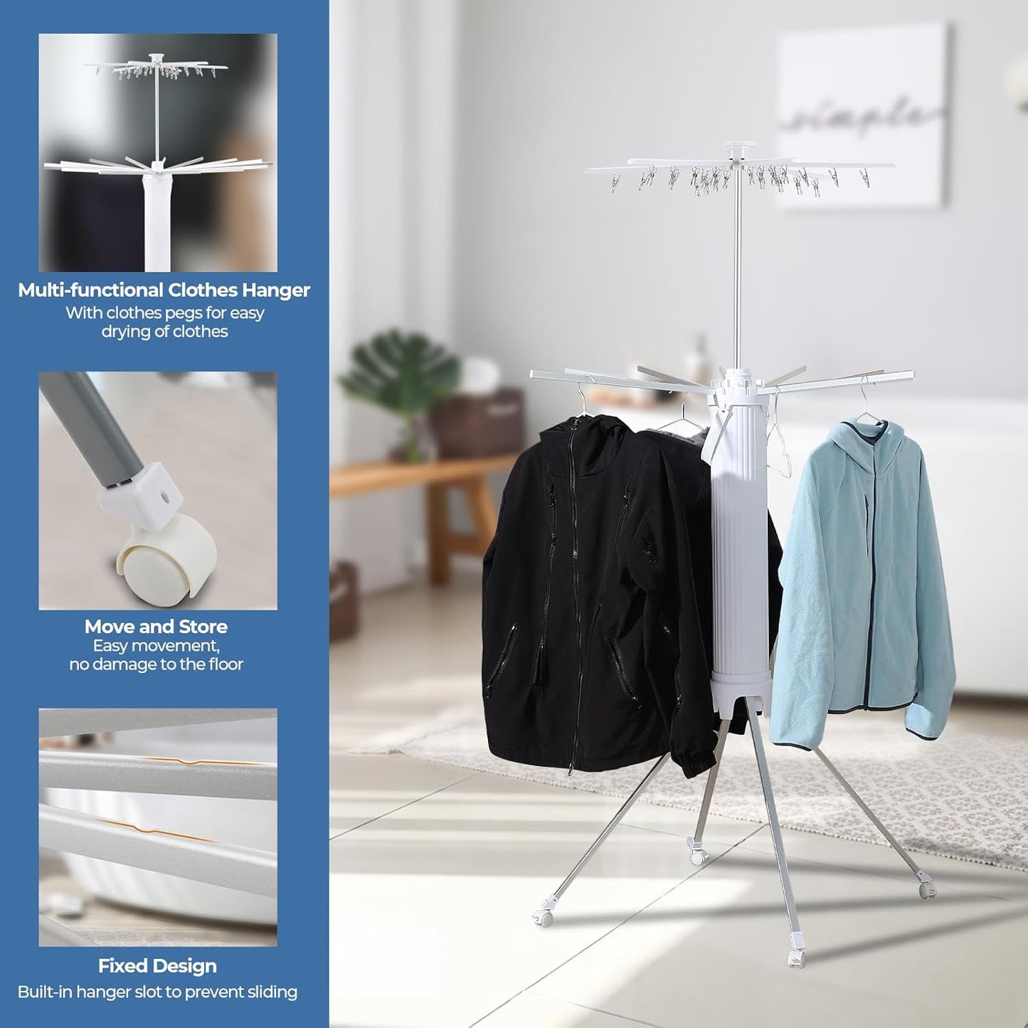 GCCSJ 4-Legged Foldable and Portable Clothes Drying Rack,Collapsible Octopus Drying Rack with Wheels and Aluminum Rods,360°Rotatable Design for Indoor Outdoor Use,2 Tier