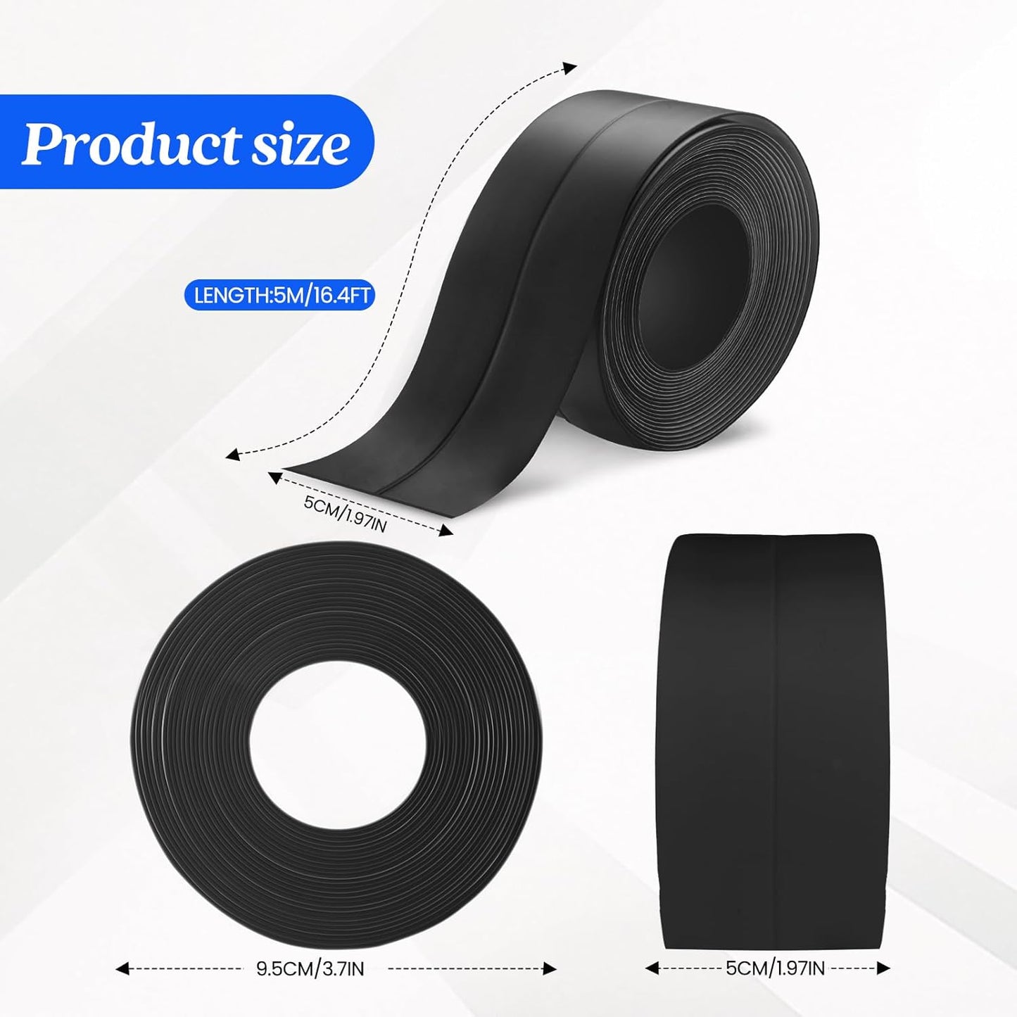 ABSOFINE Caulk Tape Waterproof Self Adhesive, Black Toilet Caulk Sealant Tape, Shower Seal Strip for Kitchen, Countertop, Bathroom, Sink Bathtub Toilet Edge Protector with Sealing Tool (1.97"x16.4Ft)