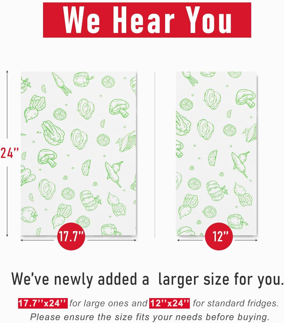 Cooyes Refrigerator Drawe Liners Super Absorbent Fridge Bin Mats Keep Produce Fresh Longer Air Circulating Non-Slip Washable Non-Adhesive (12 Pack 12" x 24" Green Veggie)