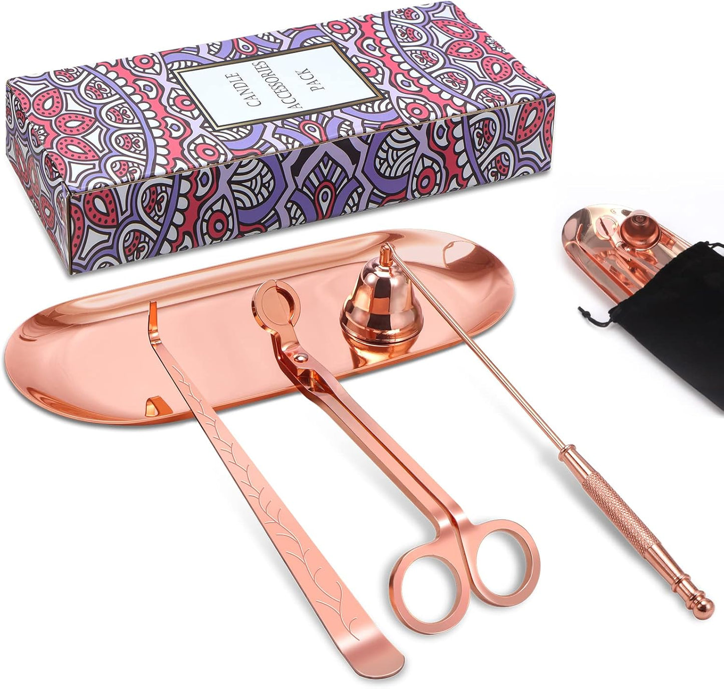 Lsnisni 4 in 1 Champagne Gold Candle Accessory Set with Candle Storage Tray Plate, Wick Trimmer Cutter, Candle Snuffer and Candle Wick Dipper, Steel Candle Care Kit with Gift Package for Candle Lover
