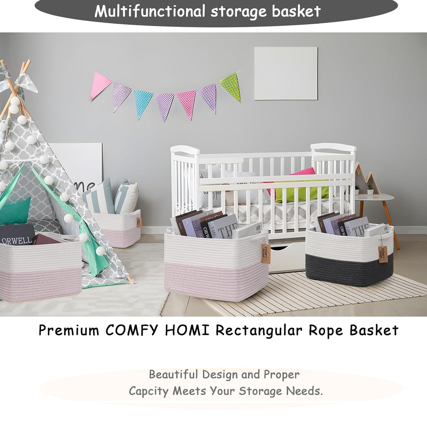 COMFY-HOMI 3PACK Cotton Rope Square baske with Handles for Shelves|Dog Toy baske Bin and Storage|Baby baske for Gift|Shoe baske for Organizing|13.5" x 11" x 9.5" for Living Room（White/Pink）