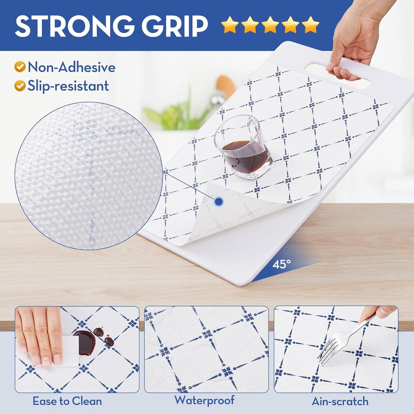 Drawer Shelf Liner for Cabinet,Slip Resistant Non Adhesive Liner for Kitchen, BPA Free Shelf Liners for Cabinets, Bathroom Cupboard Drawers,12IN x 20FT,Blue Stripe