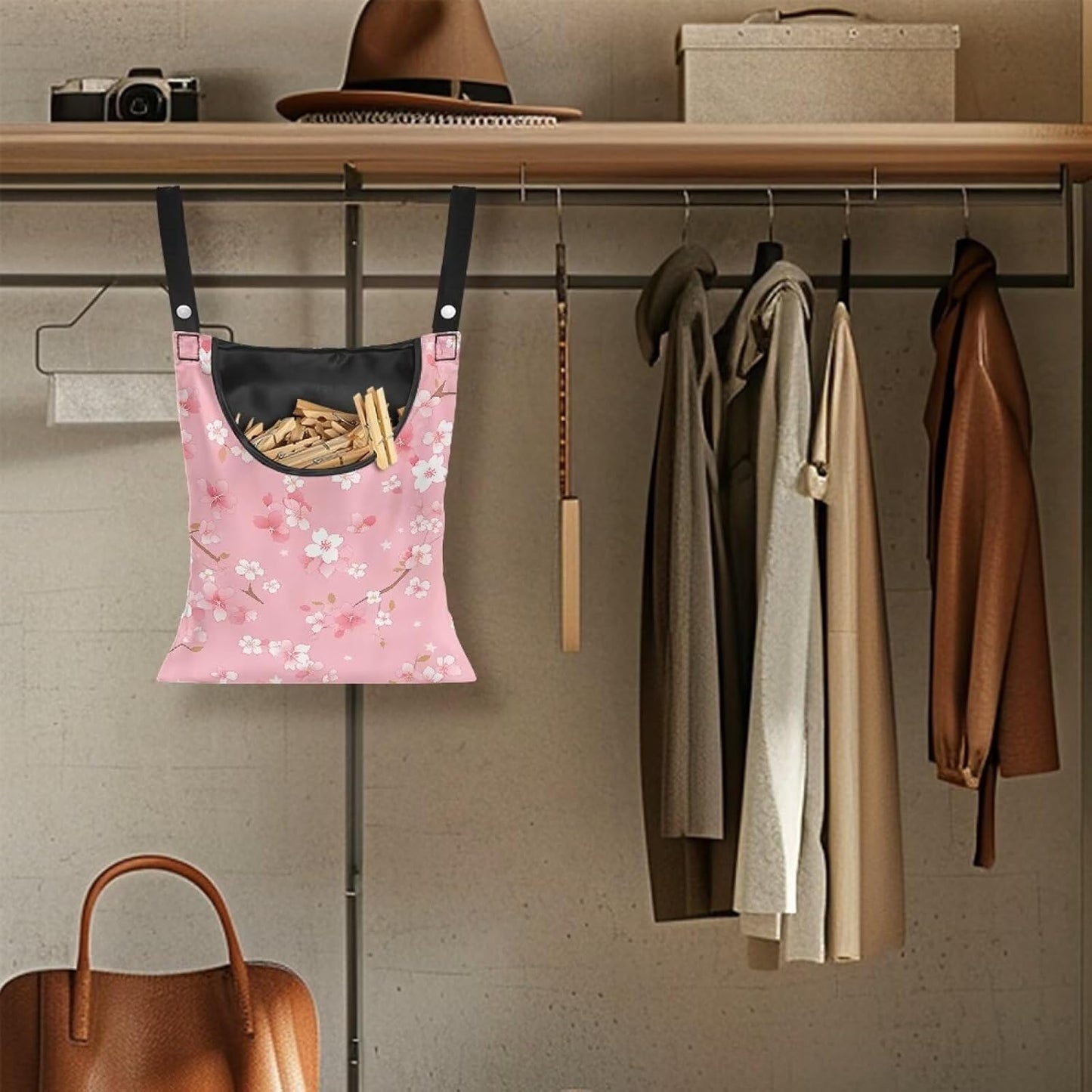 Clothespin Bag, Hanging Laundry Bag, Clothes Lines for Hanging Clothes Outside, Hanging Storage Organizer with Hanging Rope for Home Outdoor - Cherry Blossom Pink