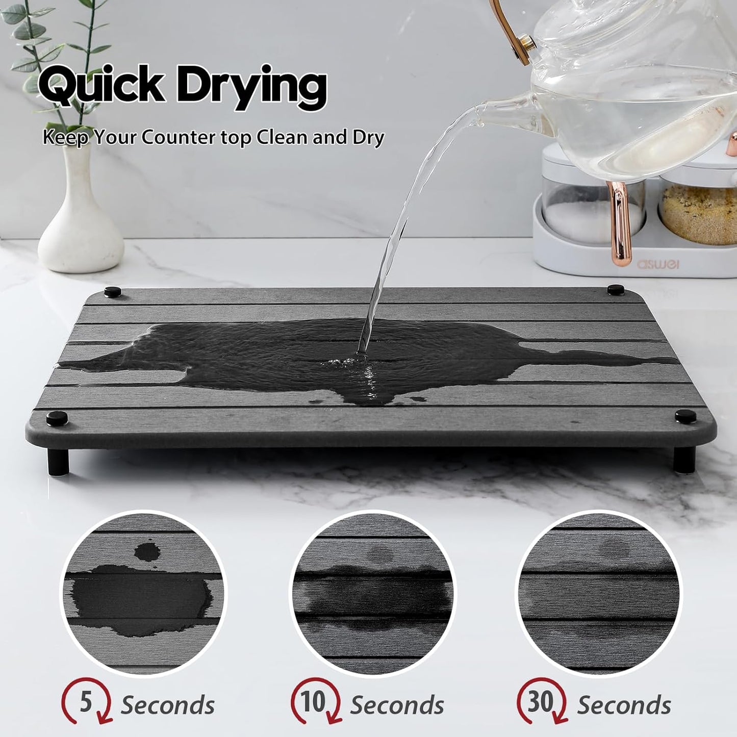 Stone Dish Drying Mat for Kitchen Counter, Water Absorbing Bathroom Tray Sink Organizer, Diatomaceous Earth Countertop Dish Rack Riser Sponge Holder Soap Dish, Dark Gray, 16" x 12"