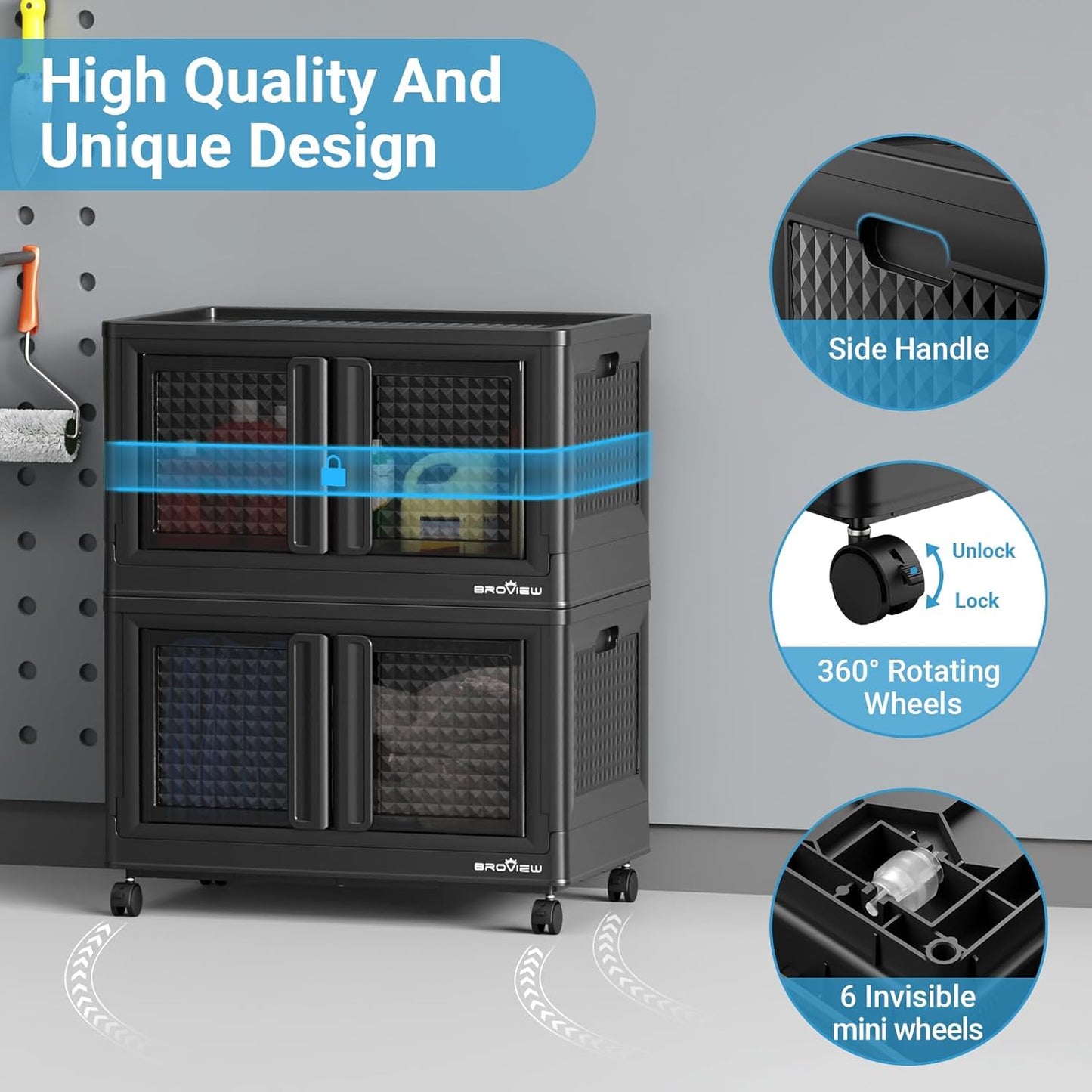 BROVIEW 140Gal Stackable Storage Bins with Lids & Wheels, 560Qt Plastic Collapsible Closet Organizer and Storage Drawers, Storage Boxes Cabinets for Home, Office, 7 Pack, Black