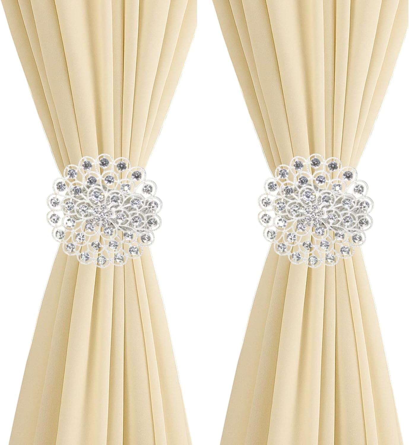 2 Pack Crystal Flower Curtain Tiebacks – Decorative Spring Wire Buckle Clips with Sparkling Rhinestone Flower Design, No Drilling, Easy Fit for Drapes & Sheers (Silver)