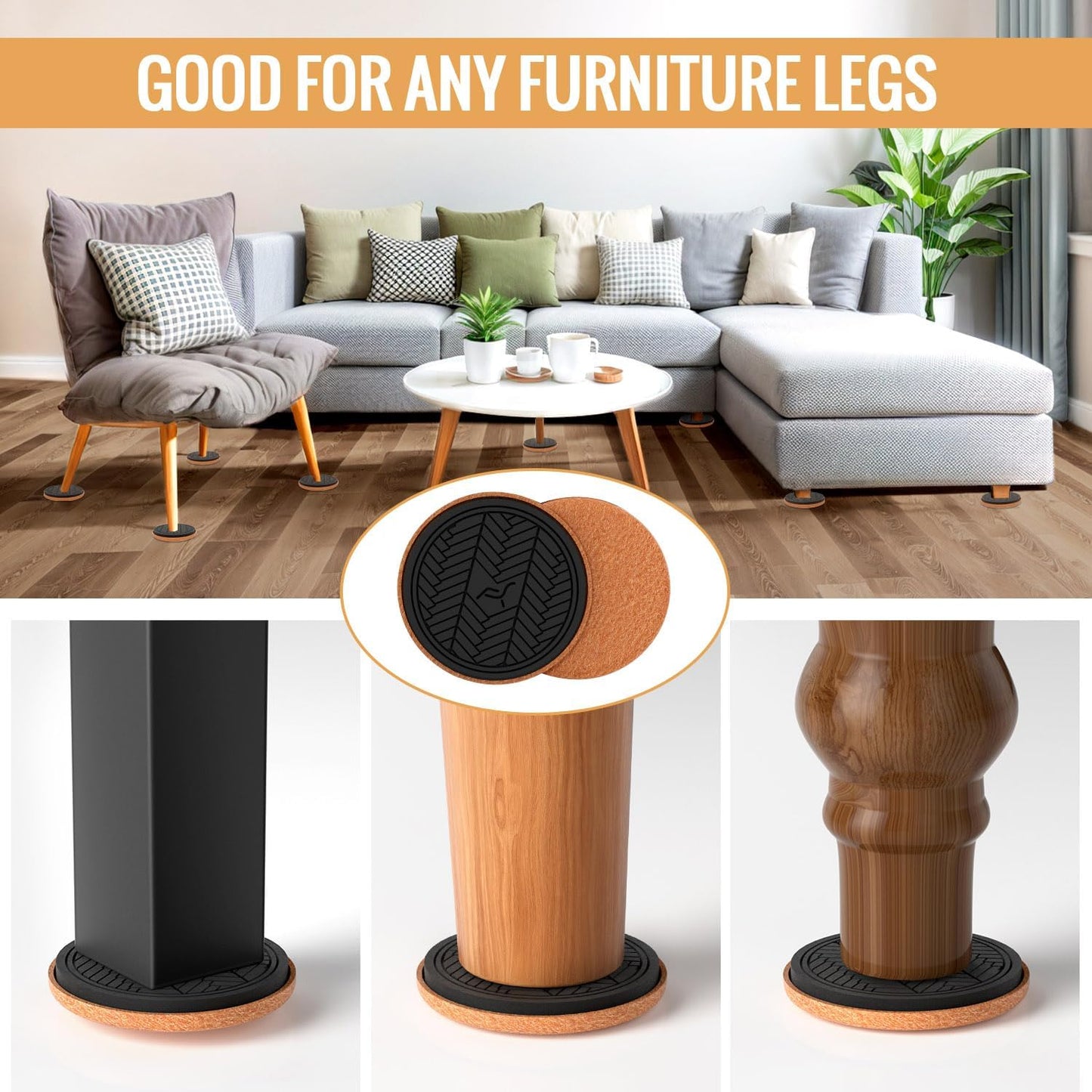 Felt Furniture Sliders for Hardwood Floors, PISAO 16 PCS 3 ½” Heavy Duty Furniture Movers - Unique Non-Scratch Design, Thick Felt Pads for Hard Surfaces, Move Large Furniture Easily