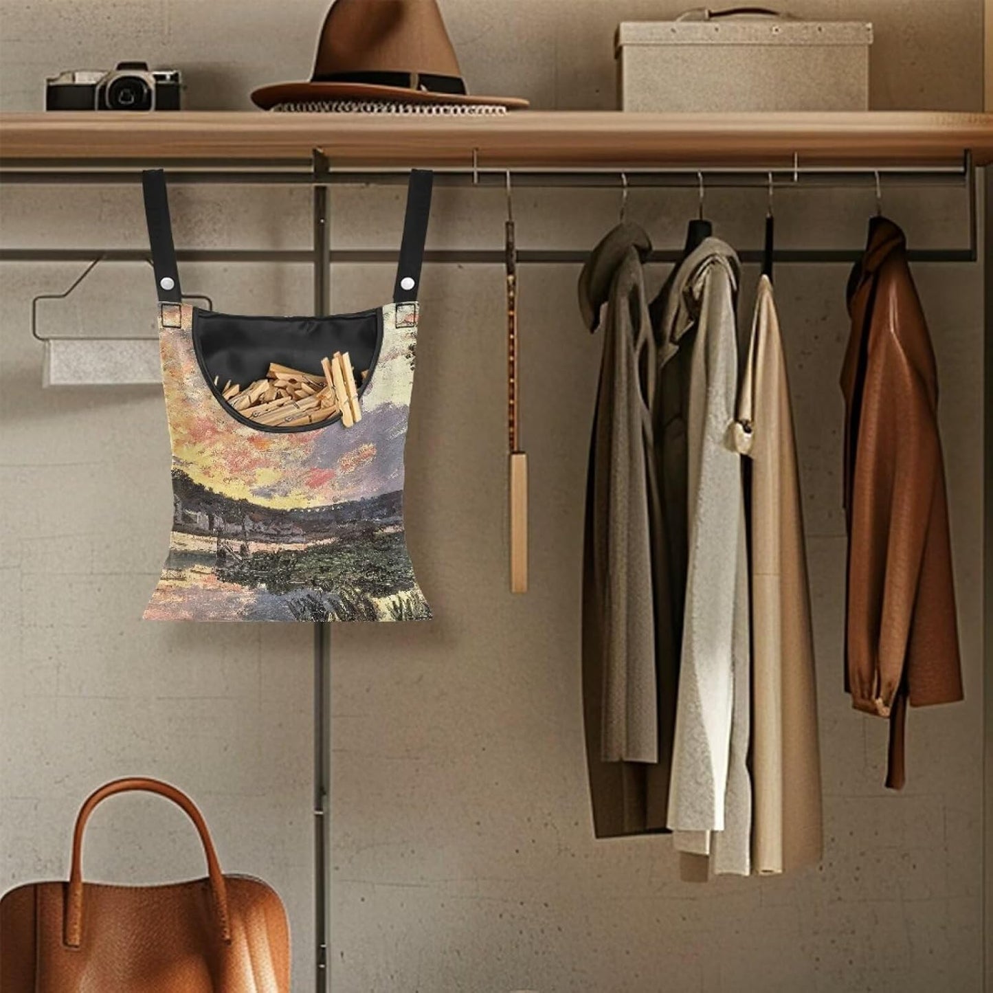 All-Weather Clothespin Holder Bag - Bennecourt, Soleil Couchant Durable Outdoor Storage Solution for Clothes Pins - Features Windproof Design & Secure Snap Closure - 14.5"x12" Size