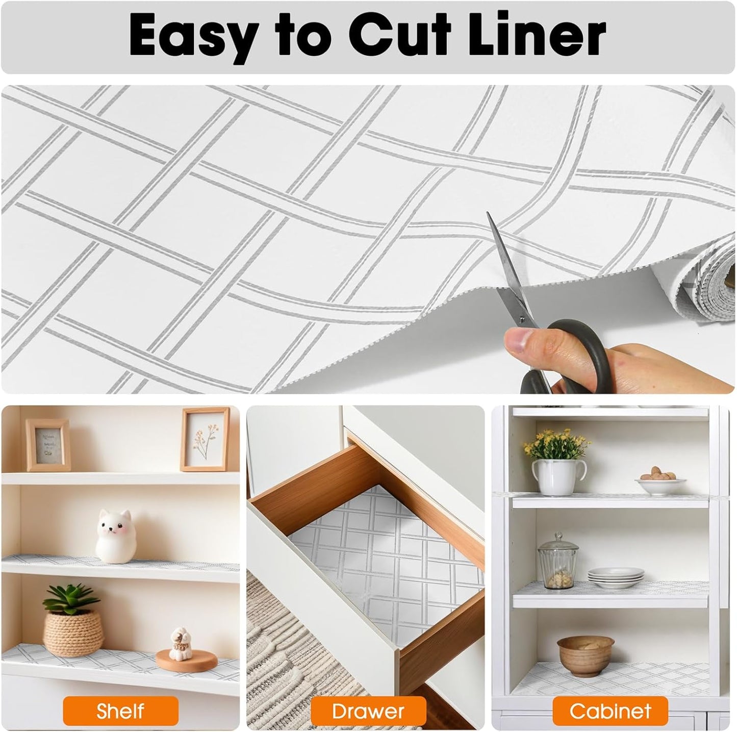 Drawer and Shelf Liners for Kitchen Cabinets Non-Adhesive Cabinet Liners Strong Grip Non Slip Waterproof Contact Paper for Cabinets and Drawers Shelves Cupboard,Silver Geometric,12IN X 20FT