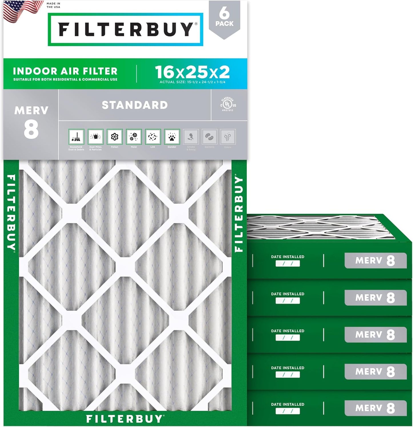 Filterbuy 16x25x2 Air Filter MERV 8 (MPR 700) Dust Defense Replacement (6-Pack), Electrostatic Pleated HVAC AC Furnace Filters, Made in USA (Actual Size: 15.50 x 24.50 x 1.75)