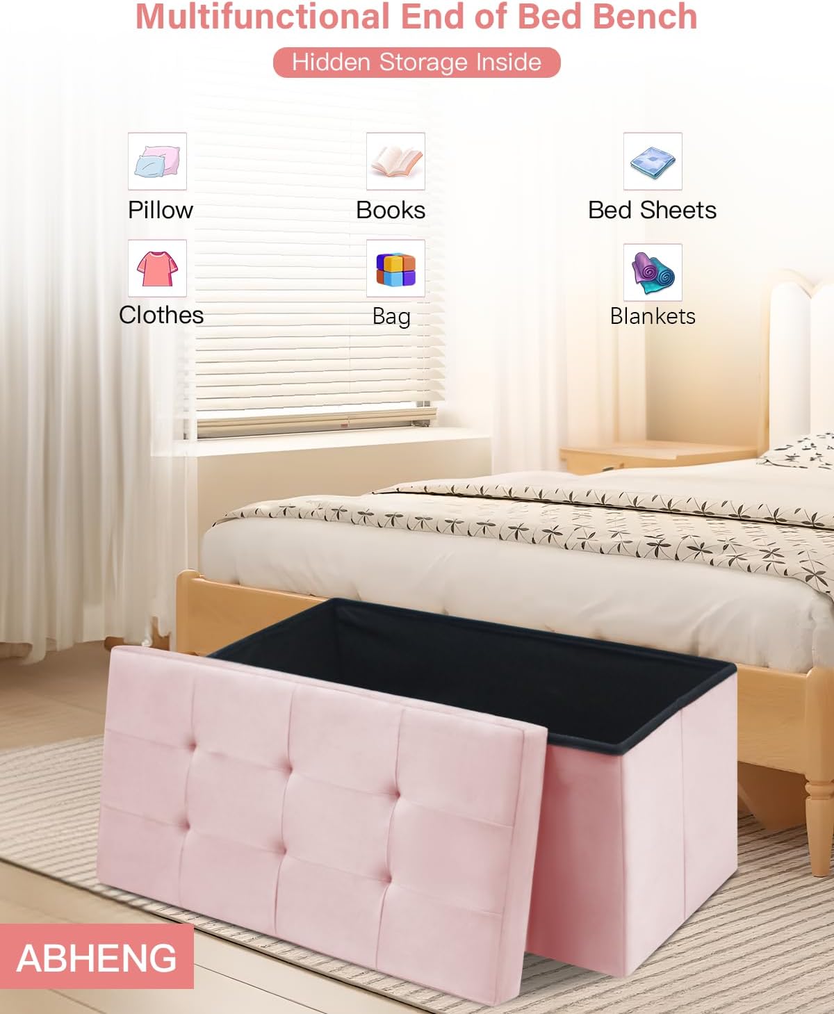 Folding Storage Ottoman, Velvet Storage Bench, Footrest, Removable Divider, for Living Room, Bedroom, 15 x 43 x 15 Inches, 660 lb Load Capacity, Jelly Pink UASND02P