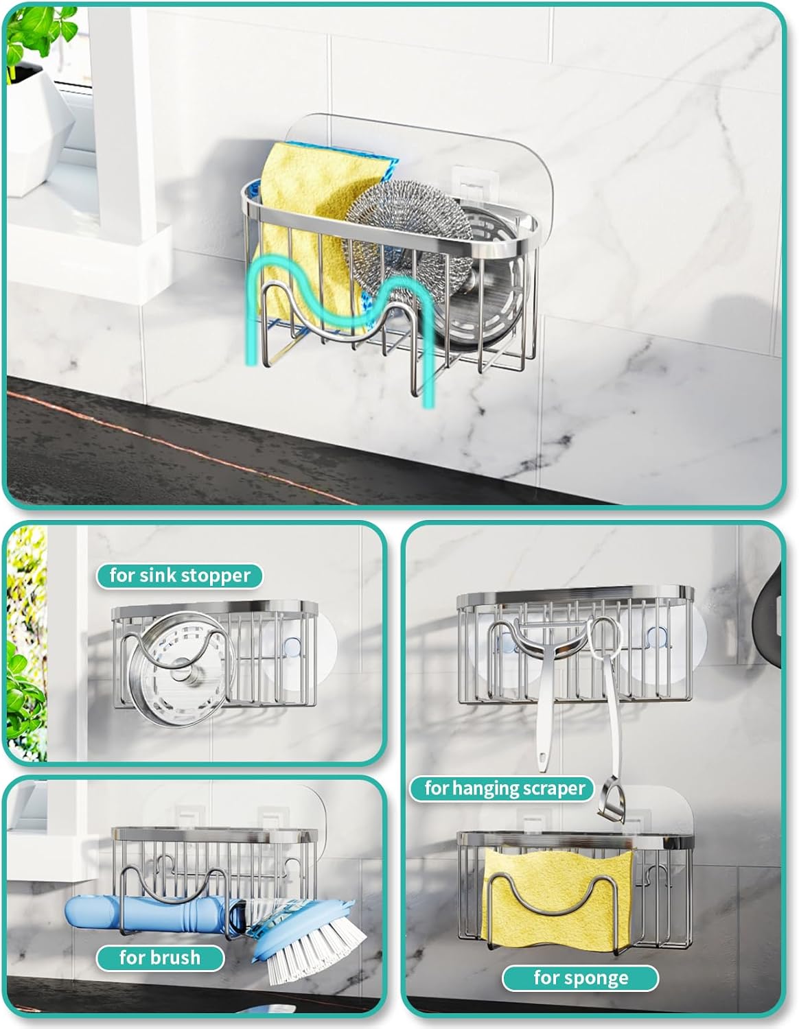 HapiRm Multifunctional Adhesive Kitchen Sink Organizer with M-Shaped, 2 Installation Methods Kitchen Sponge Holder, Rustproof Sponge Caddy for Brush, Sink Stopper and Scraper -Silver