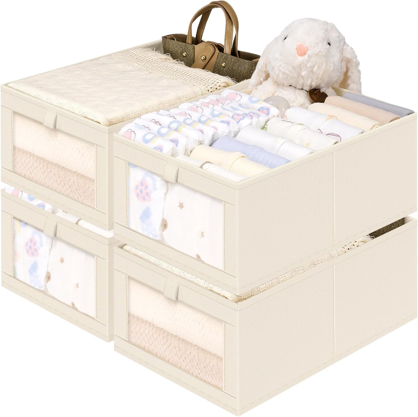 Criusia Linen Closet Organizers and Storage, 4 Pack Linen Closet Baskets with Mesh Window for Organization, Foldable Closet Organizer for Clothing, Towels, Toys, Nursery, Books, Shelves, Beige