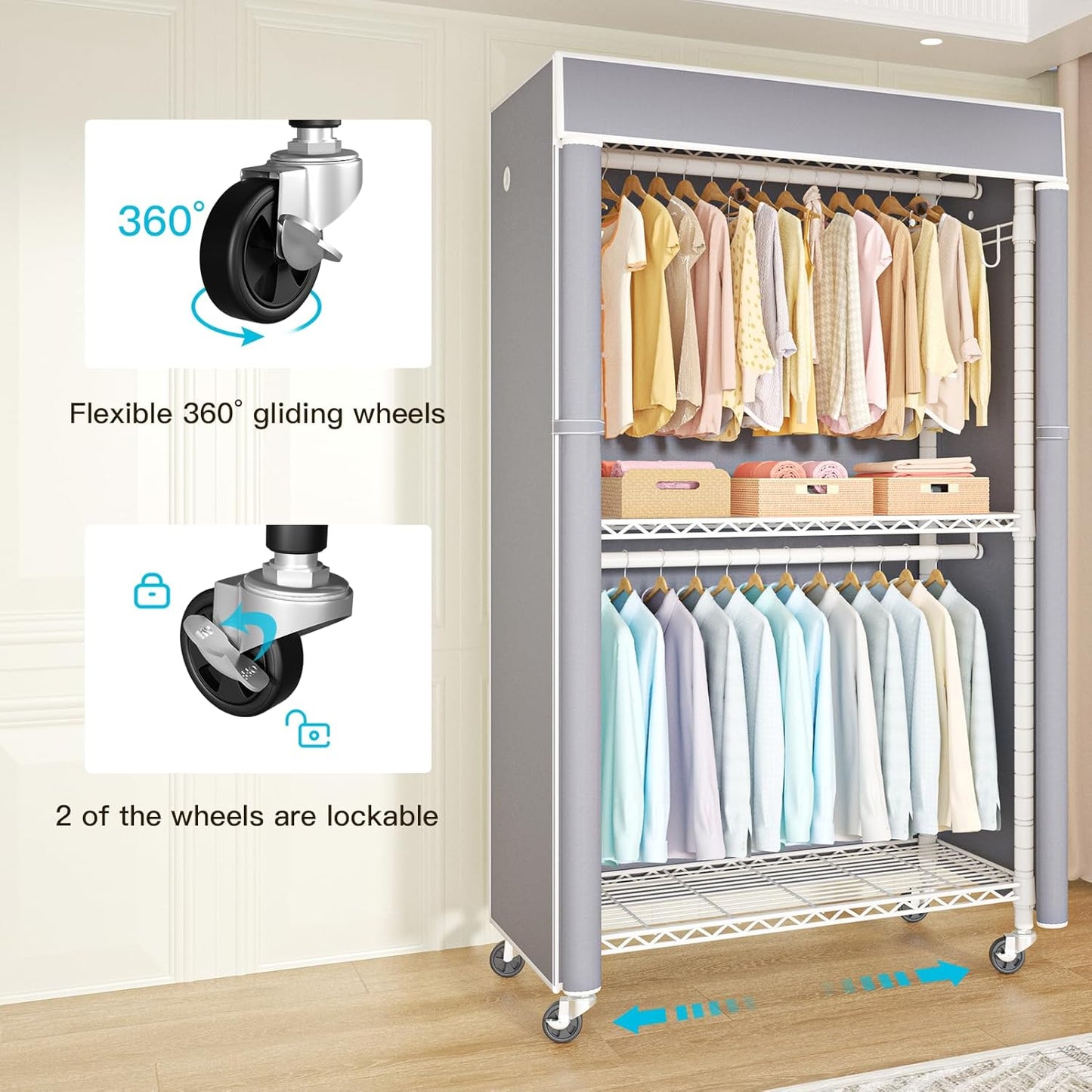 FUTASSI White Clothing Rack with Grey Cover, P1C Rolling Closet Rack with Wheels, Metal Garment Rack for Hanging Clothes, Clothing Storage Wardrobe, 36.2" W x 16.5" D x 80.5" H, Load 450 Pounds
