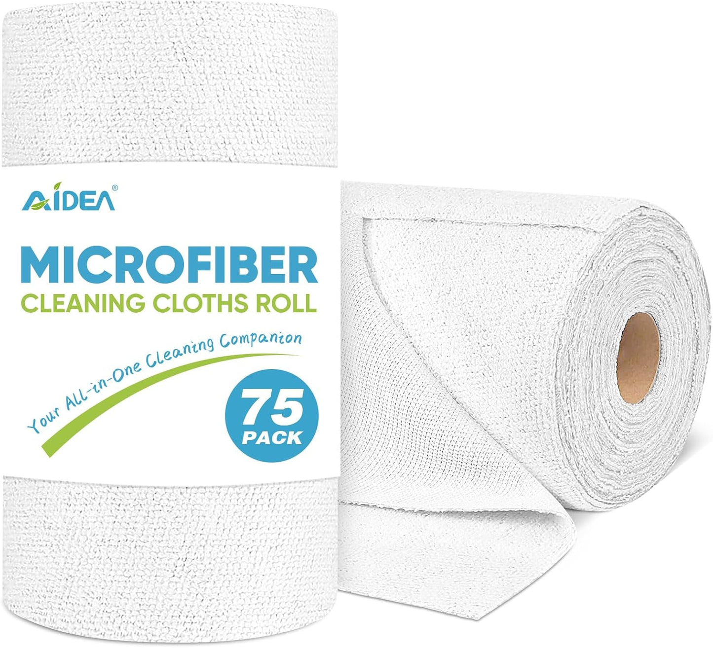 AIDEA Microfiber Cleaning Cloth Roll White, 75PK, Microfiber Towels for Cars, Tear Away Reusable Paper Towels, Commercial Shop Rags, Lint Free Rags for House, Kitchen, Automotive, 11.5"×11.5"