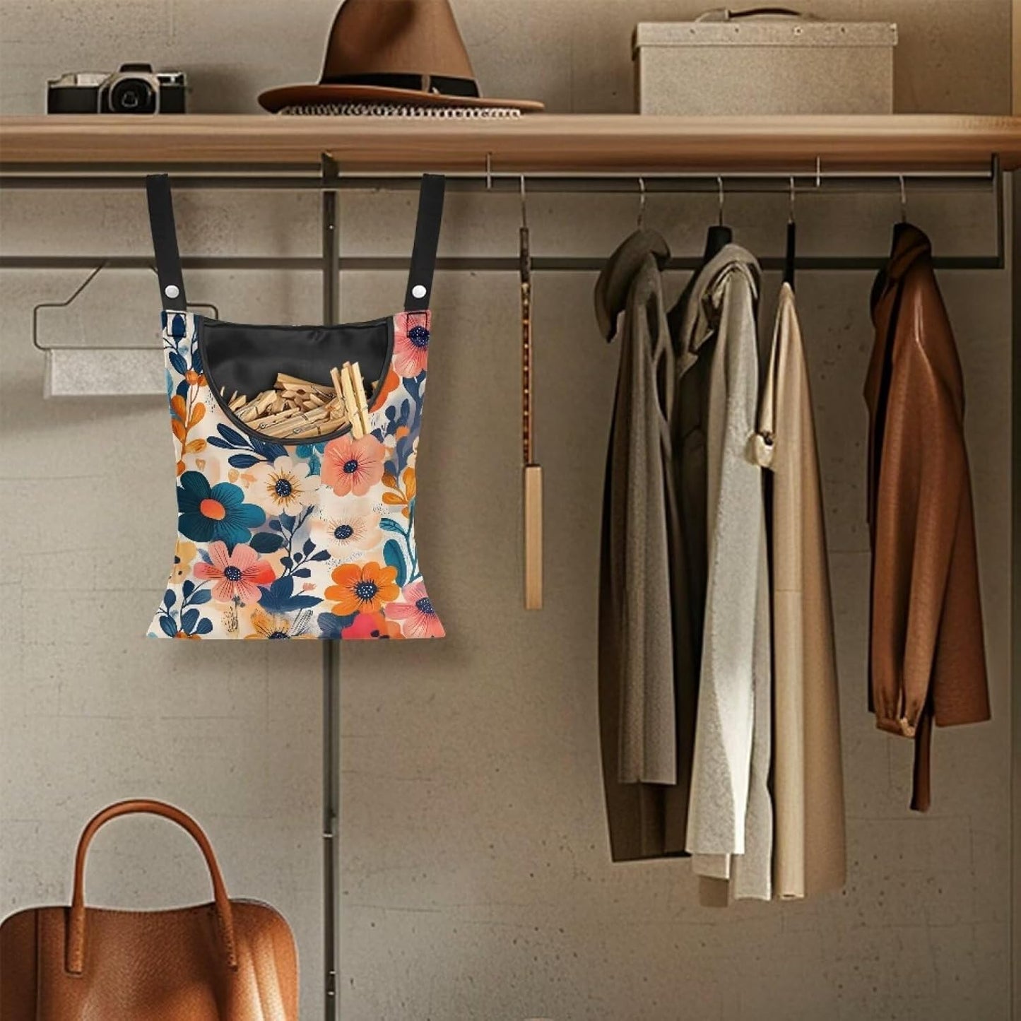 Colorful Gorgeous Flowers Rotatable Clothespin Storage Bag - Large Opening Waterproof Organizer for Laundry Room, Garden and Clothesline Hanging