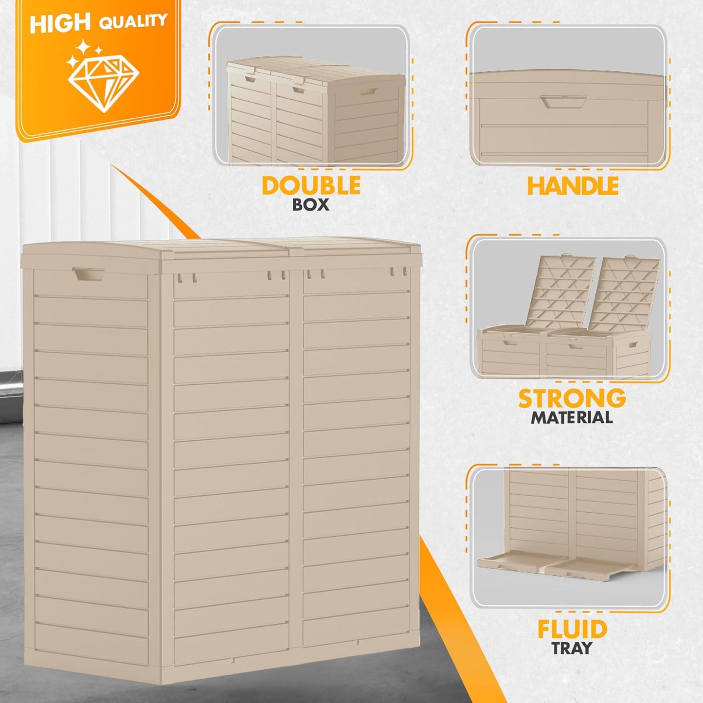 62 Gallon Outdoor Trash Can, Waterproof Resin Trash Can with Layered Lid and Drip Tray, Perfect for Patio, Backyard (Grey)