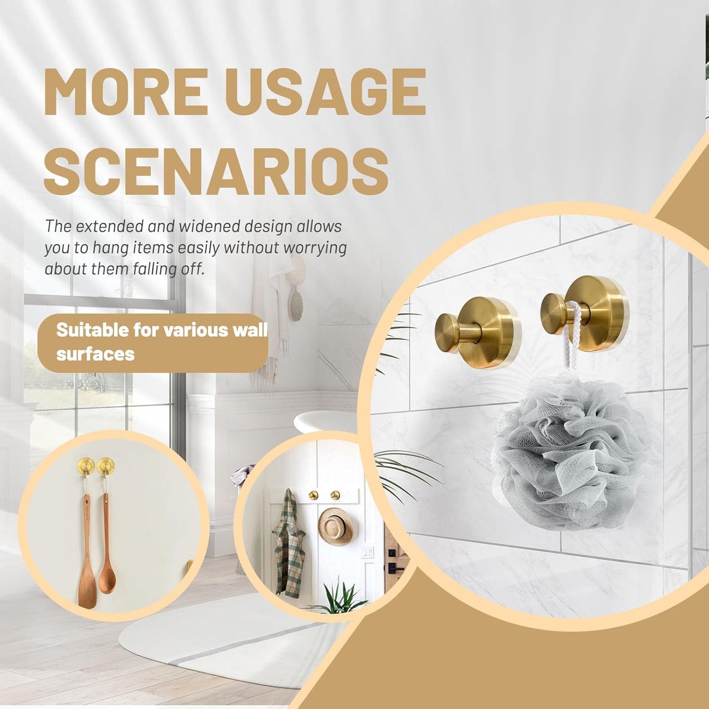 4 Pcs Suction Cup Hooks for Shower，Removable Hooks，Towel Hook，Suction Hook for Bathroom, Bedroom, Glass Window (Gold)