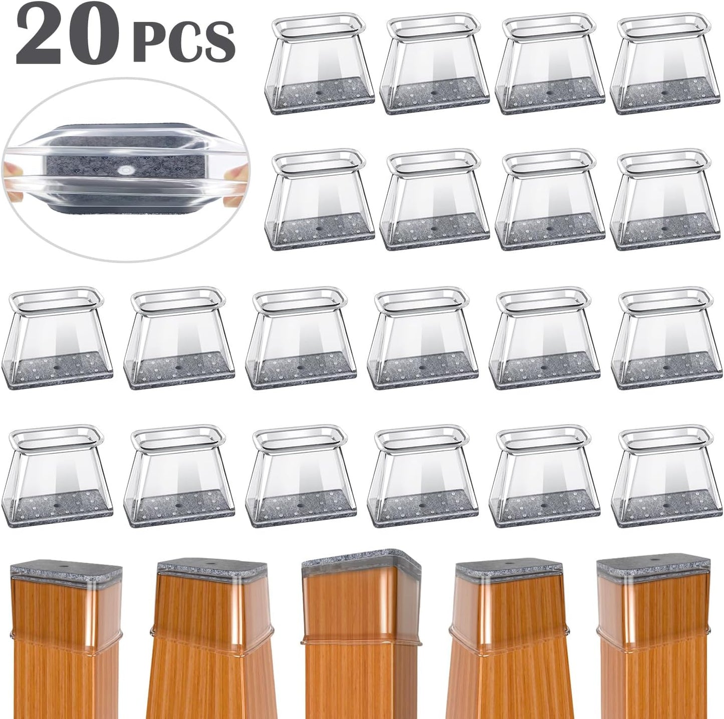 BUMACO Chair Leg Floor Protectors Rectangle Chair Leg Protectors for Hardwood Floors Silicone Pads Covers to Protect Floors(Clear-20 Pcs, Rectangle L Fit (Perimeter: 5"~5-7/8")