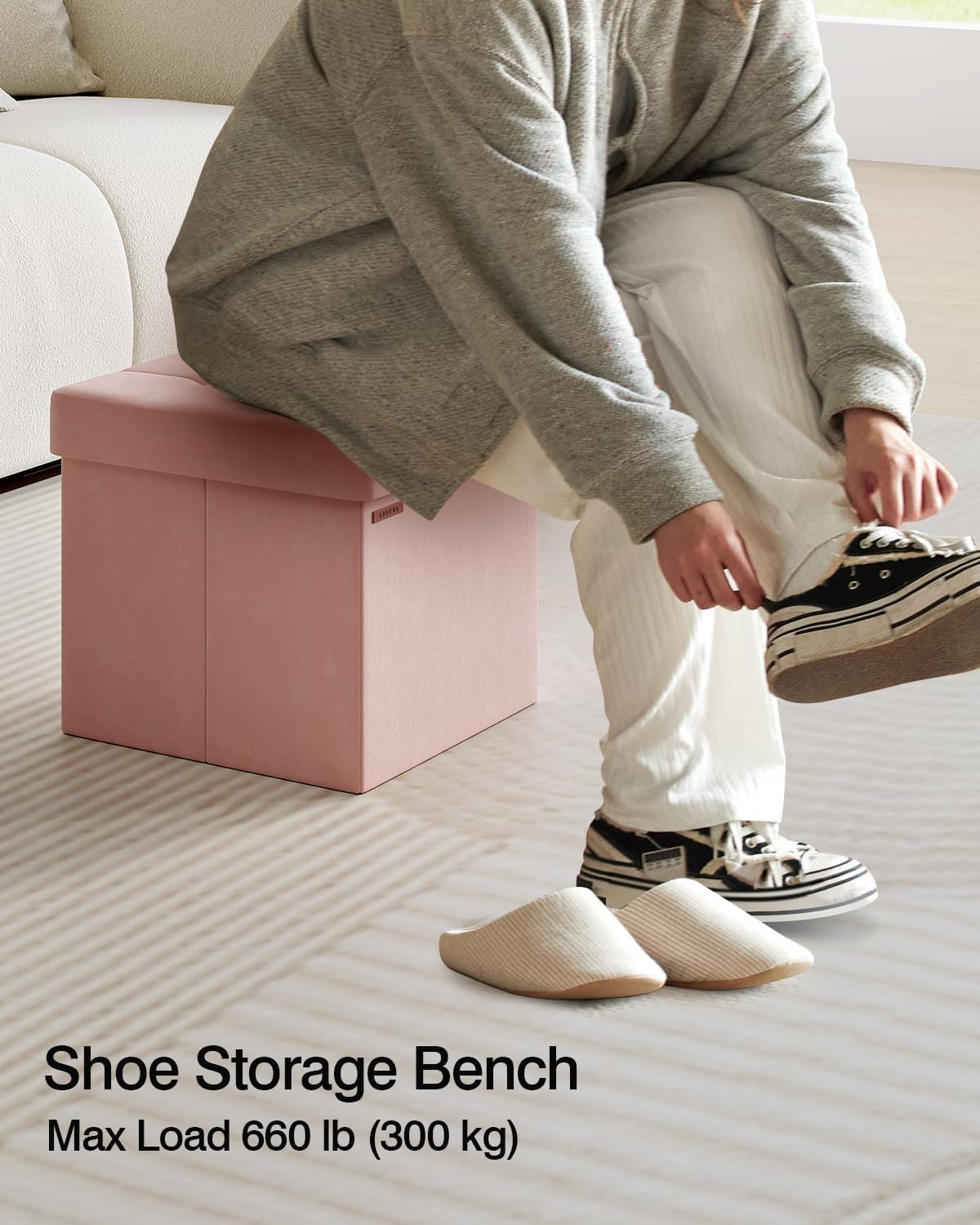 Folding Storage Ottoman, Velvet Storage Bench, Footrest, Footstool, for Living Room, Bedroom and Office,15 x 15 x 15 Inches, 300 kg Load Capacity,Jelly Pink,UASND04P