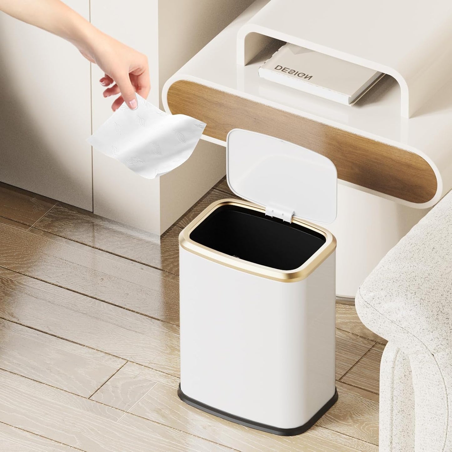 2.1 Gallon Bathroom Trash Can with Lid Press Top, 8 Liter Stainless Steel Garbage Can with Press Type Lid, Slim Trash Bin Waste Basket for Toilet, Office, Bedroom, Living Room (White)