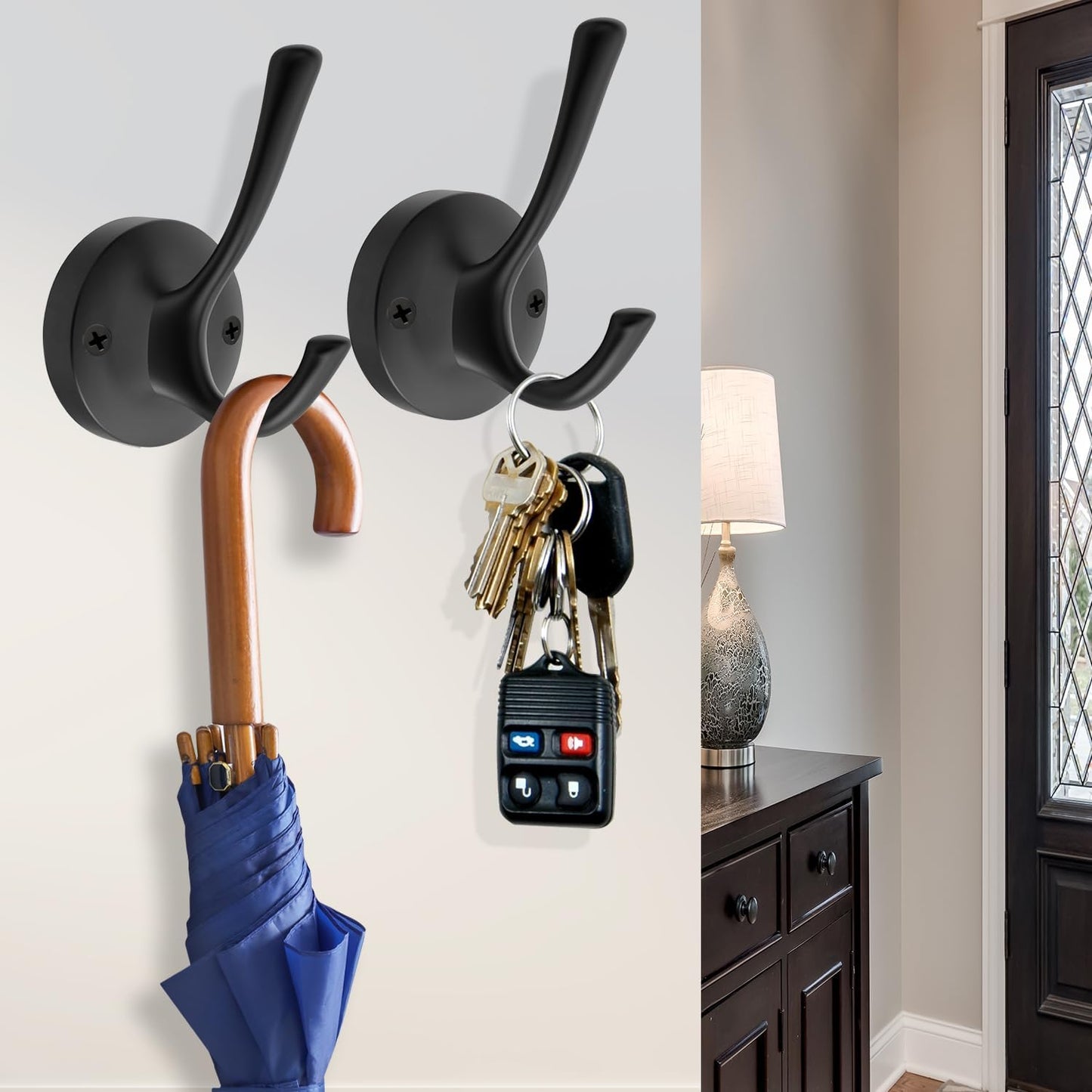 Black Towel Hooks for Wall, 5 Pack Coat Robe Hook Heavy Duty Metal Double Bath Hook Wall Mounted, Hat Hooks for Cubicle Bathroom Kitchen Closet Garage