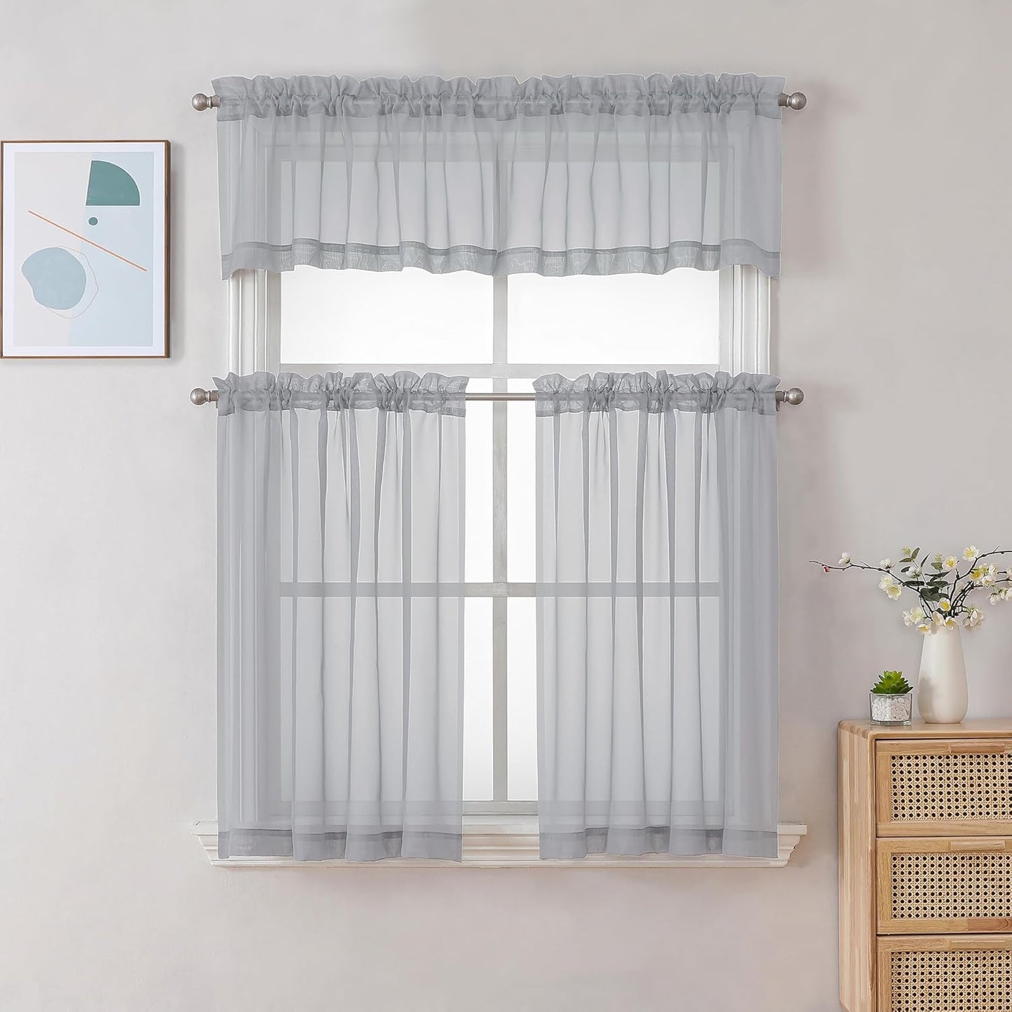 Chyhomenyc Sheer Valances for Windows 2 Pack, Small Window Curtains for Living Room Bathroom Cafe Laundry Basement, Modern Top Dual Rod Pocket Voile Curtain, 42W x 18L inches, Light Grey