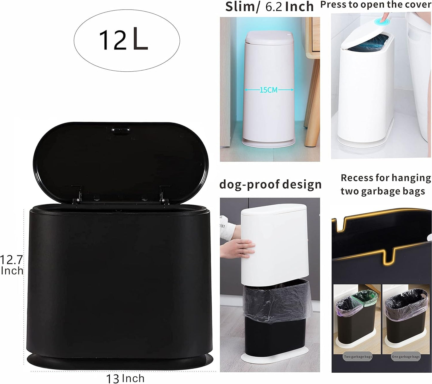 Black Slim Bathroom Trash Can with Press Top Lid,12 Liter Small Thin Garbage Can,3.17 Gallon Narrow Dog Proof Plastic Waste Basket and Covered Wastebasket for Room,Bedroom,Kitchen,Toilet,Office,Dorm