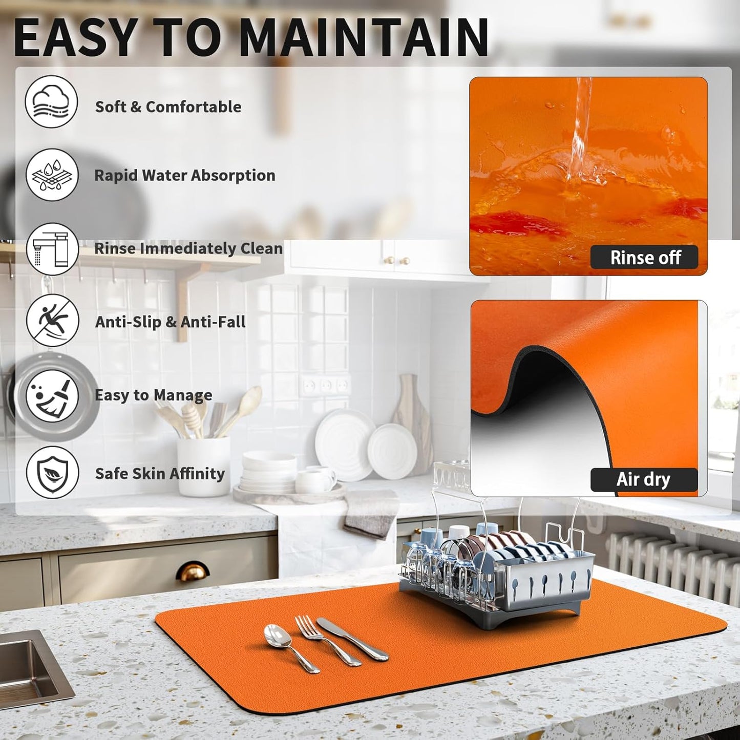 Dish Drying Mat for Kitchen Counter, Heat Resistant Drainer Mats with Non-slip Rubber Backed, Hide Stain Kitchen Super Absorbent Draining Mat, Easy to Clean Dish Rack Pad, Orange 18"x32"