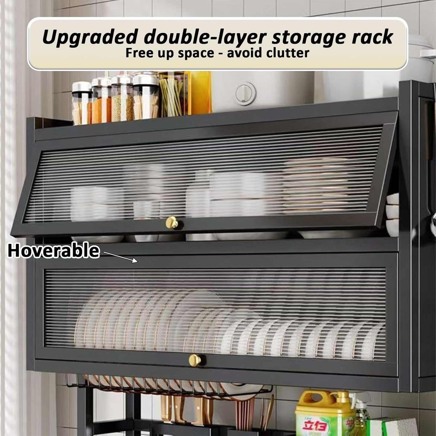 Dish Drying Rack 4 Tiers with Cover, Keep Kitchen Sink Shlef Organized Space-Saving Dish Drying Rack, Large Drying Rack for Dishes, Glasses, Bowls, Cutlery (Black, W-25.6)