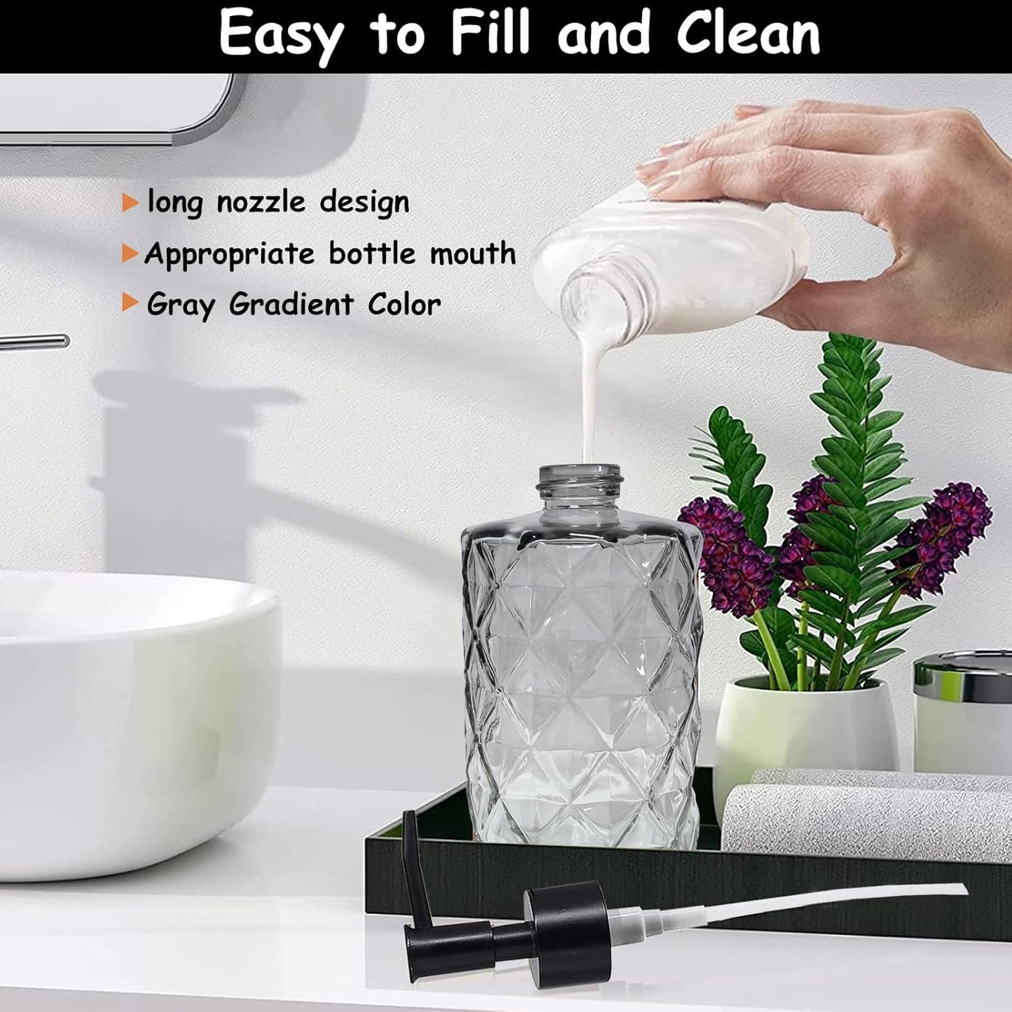 Crystal Glass Soap Dispenser, 12oz Gradient Grey Bathroom Hand Dispenser, Lotion Dispenser with Black Plastic Pump for Modern Home Decor, Kitchen Countertop, Hotel