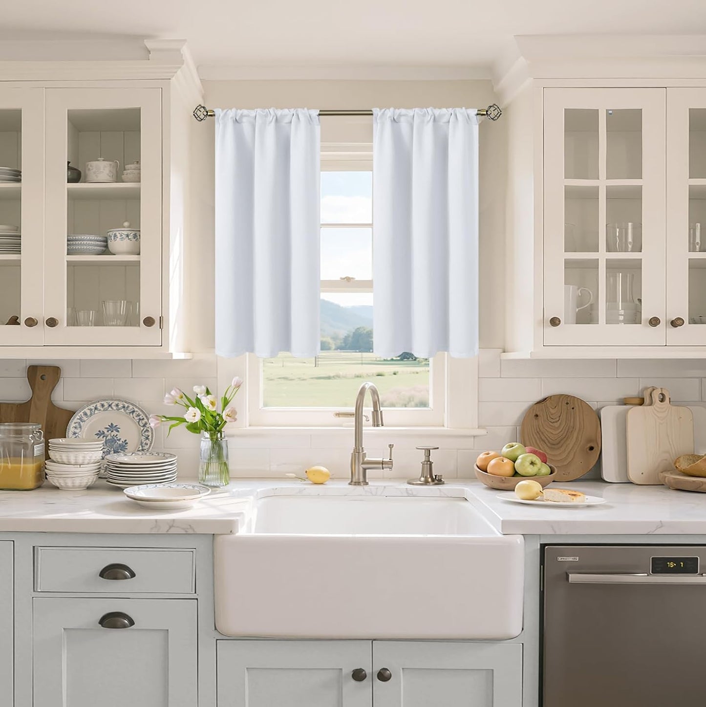 BGment Room Darkening Curtains 40 Inches Length - Rod Pocket Short Window Drapes Thermal Insulated for Bedroom Kitchen Cafe, Greyish White, 34 x 40 Inch, 2 Panels