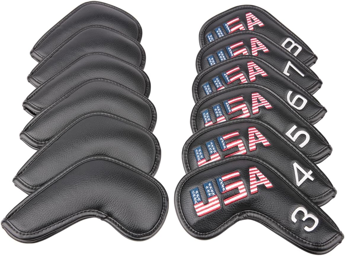 Golf Builder Black Leather USA Golf Club Iron Wedge Head Covers Fit All Brands