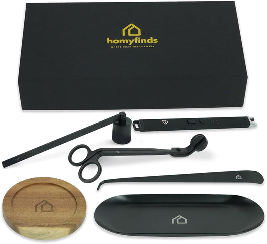 Candle Accessory Set 5 in 1 Candle Care Kit with Wick Trimmer, Dipper, Snuffer, Rechargeable Candle Lighter & Metal Tray – Luxury Gift Box for Candle Lovers (Matte Black)