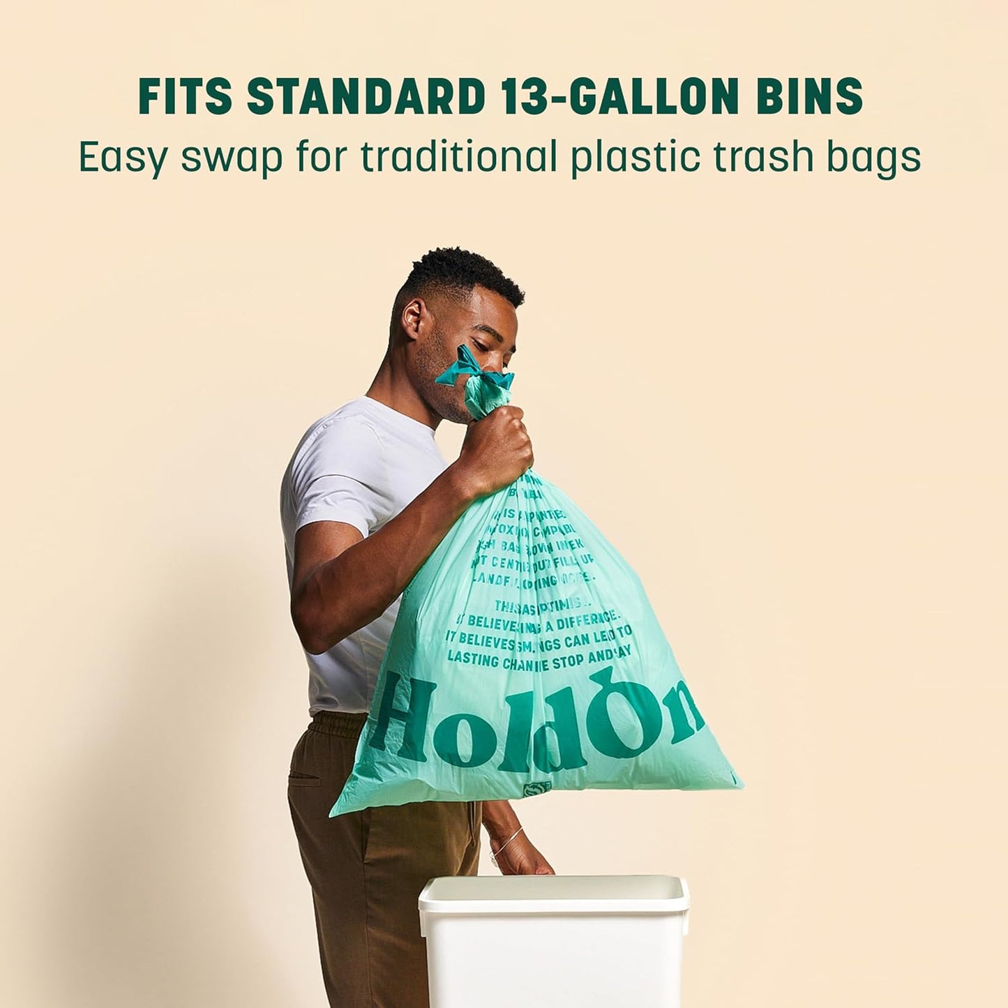 HoldOn 13-Gallon Trash Bags – Tall Kitchen Trash Bags with Drawstring Handles for Tall Trash Bins, Heavy-duty and Compostable, Large Trash Bags (40 bags, Pack of 2)