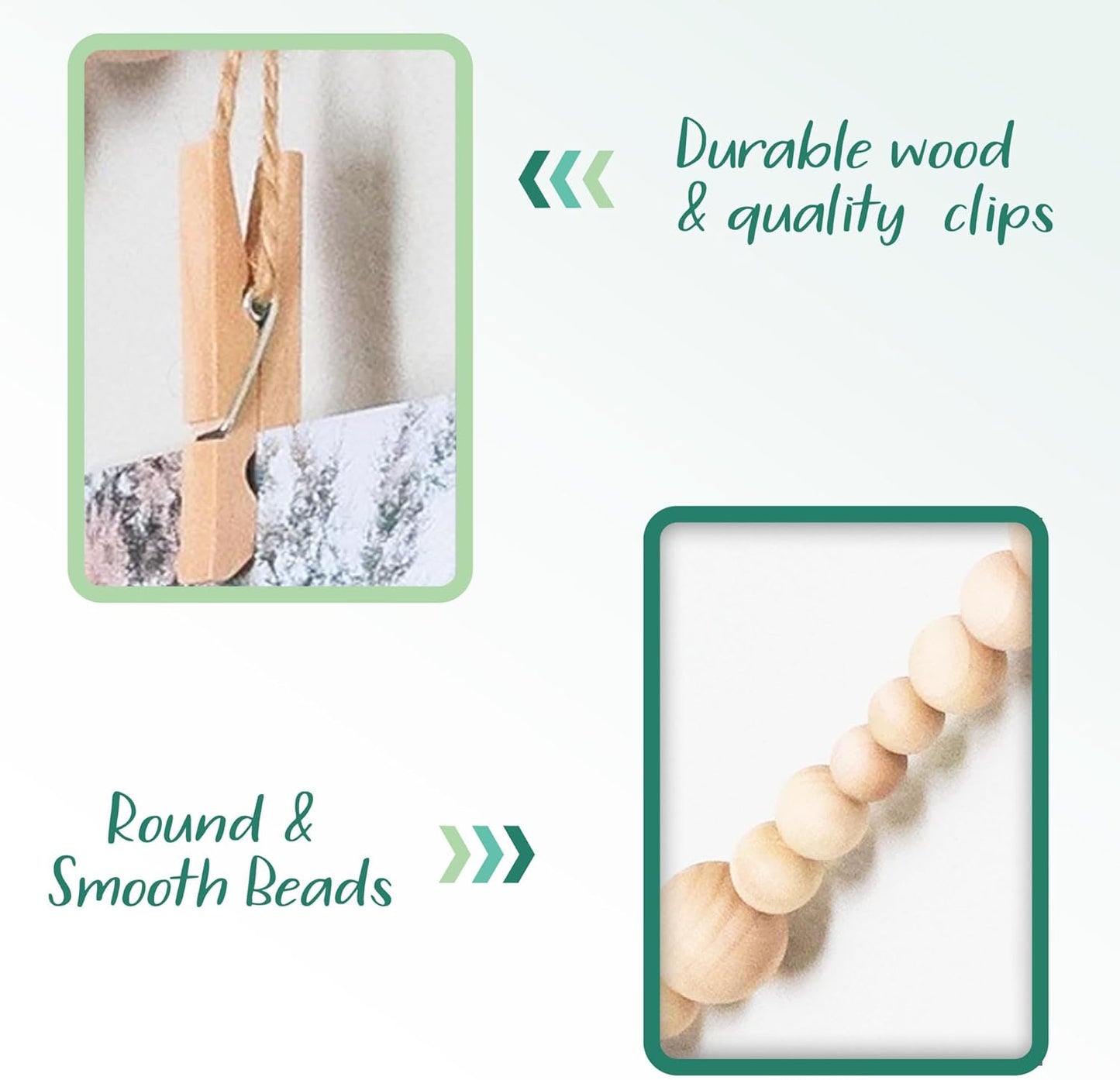 8 Feet Wooden Beads Garland with Clothespins Picture Cards Holder - Country Farmhouse Christmas Nursery Boho Holiday Decorations with Clips