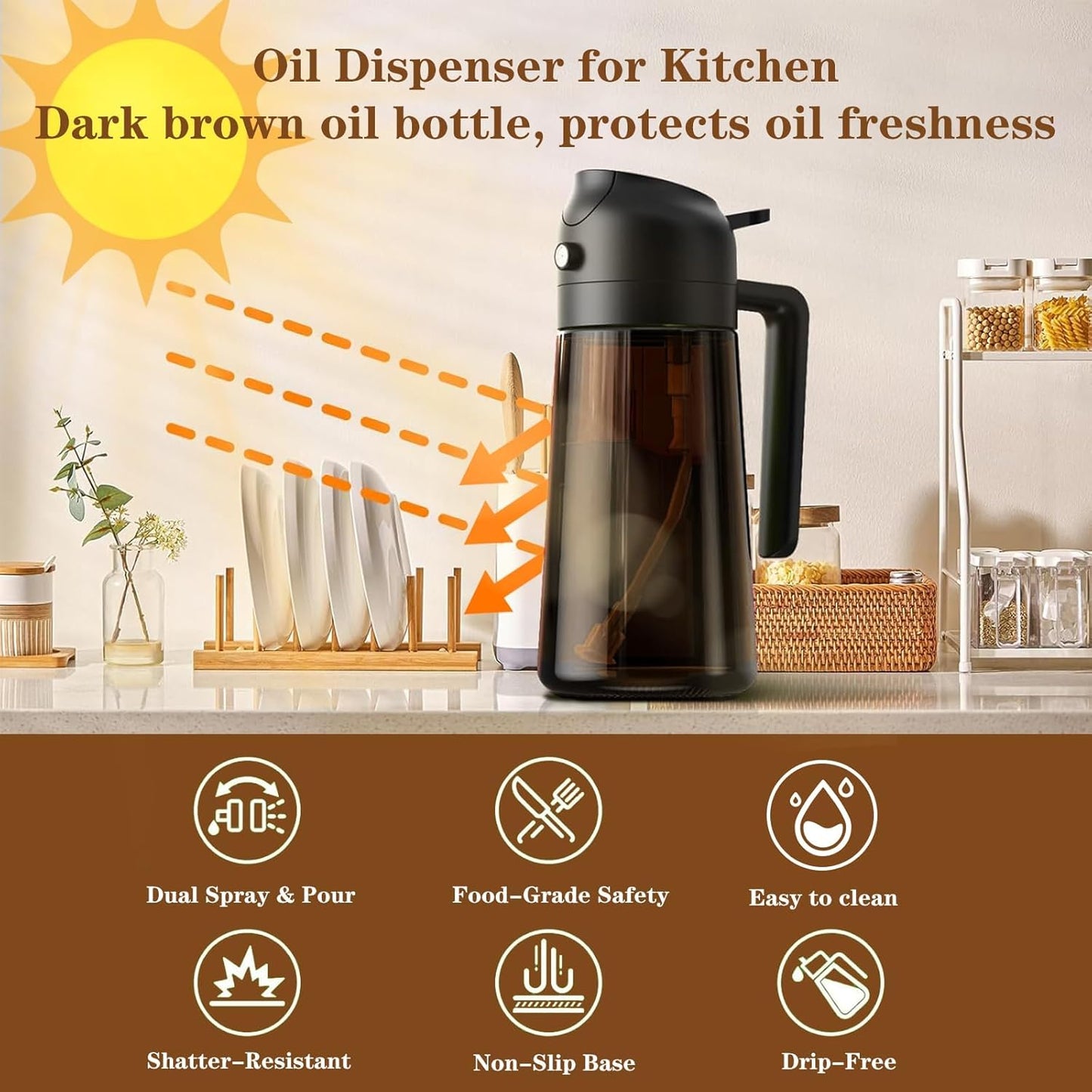 2-in-1 Glass Oil Dispenser & Sprayer - 16oz/470ml Leakproof Bottle for Cooking, Air Fryer, BBQ, Baking, Salad (Light-Blockage Black And Green)